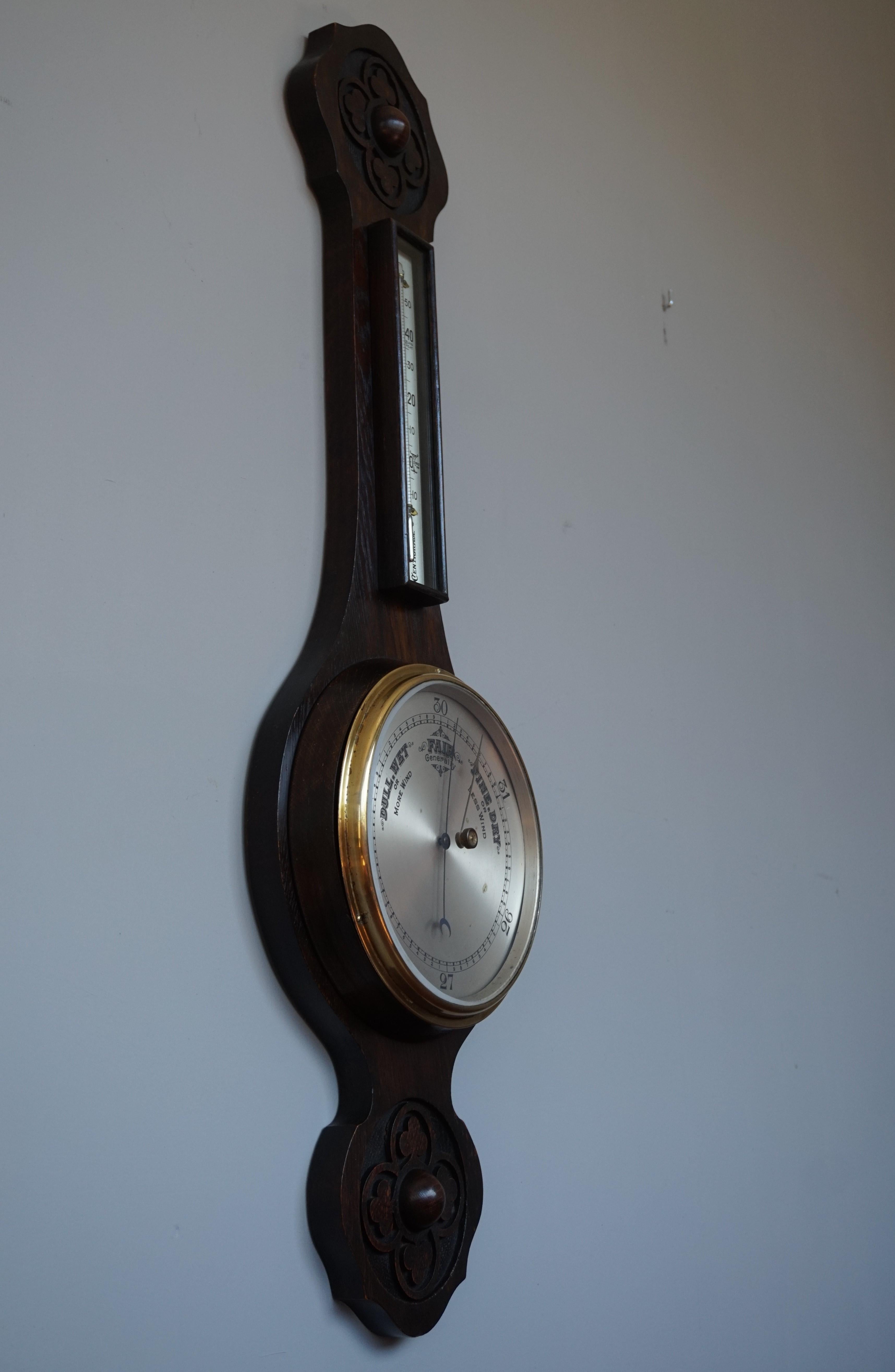 Antique and Large Hand Carved Gothic Revival English Barometer & Thermometer 11