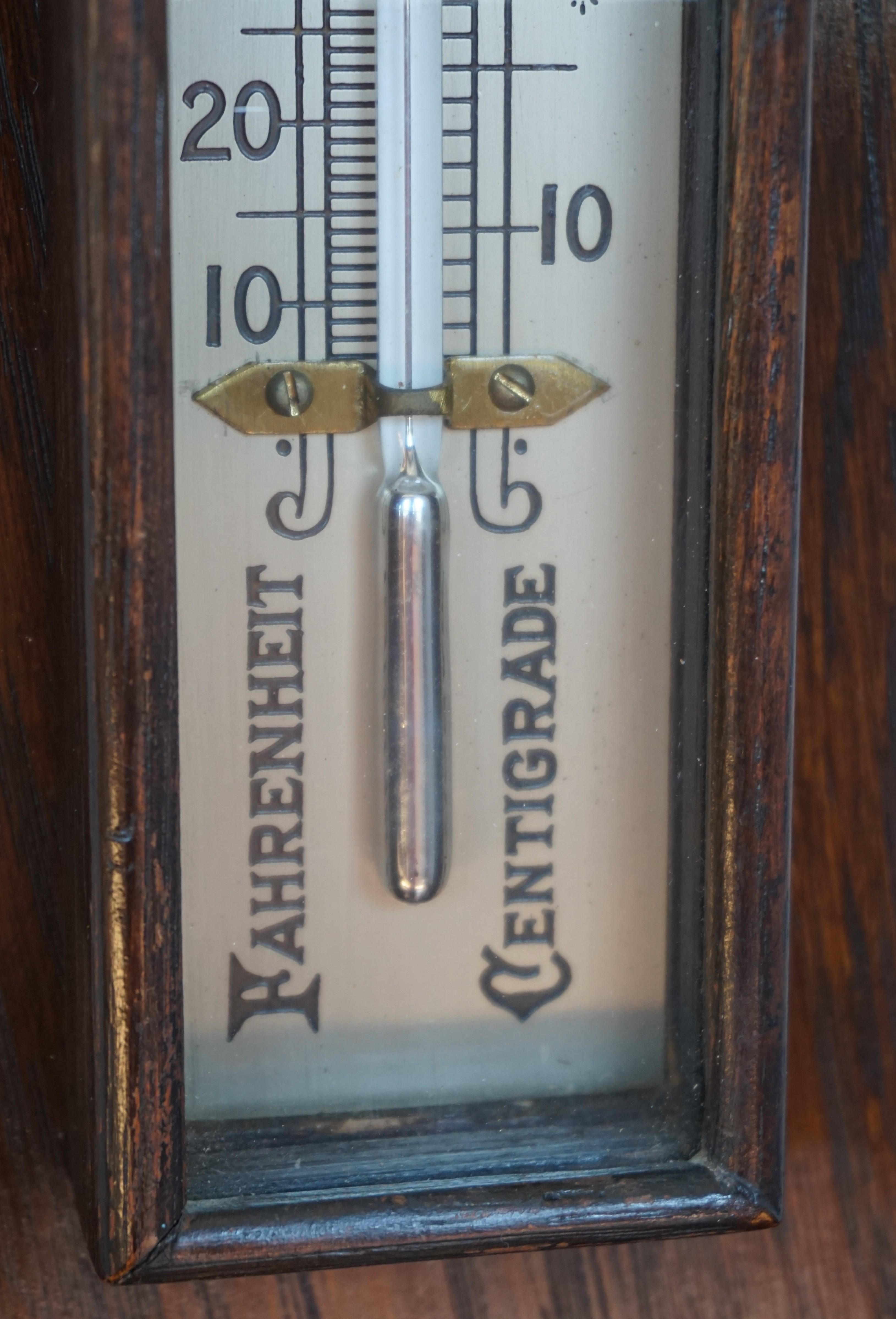 British Antique and Large Hand Carved Gothic Revival English Barometer & Thermometer