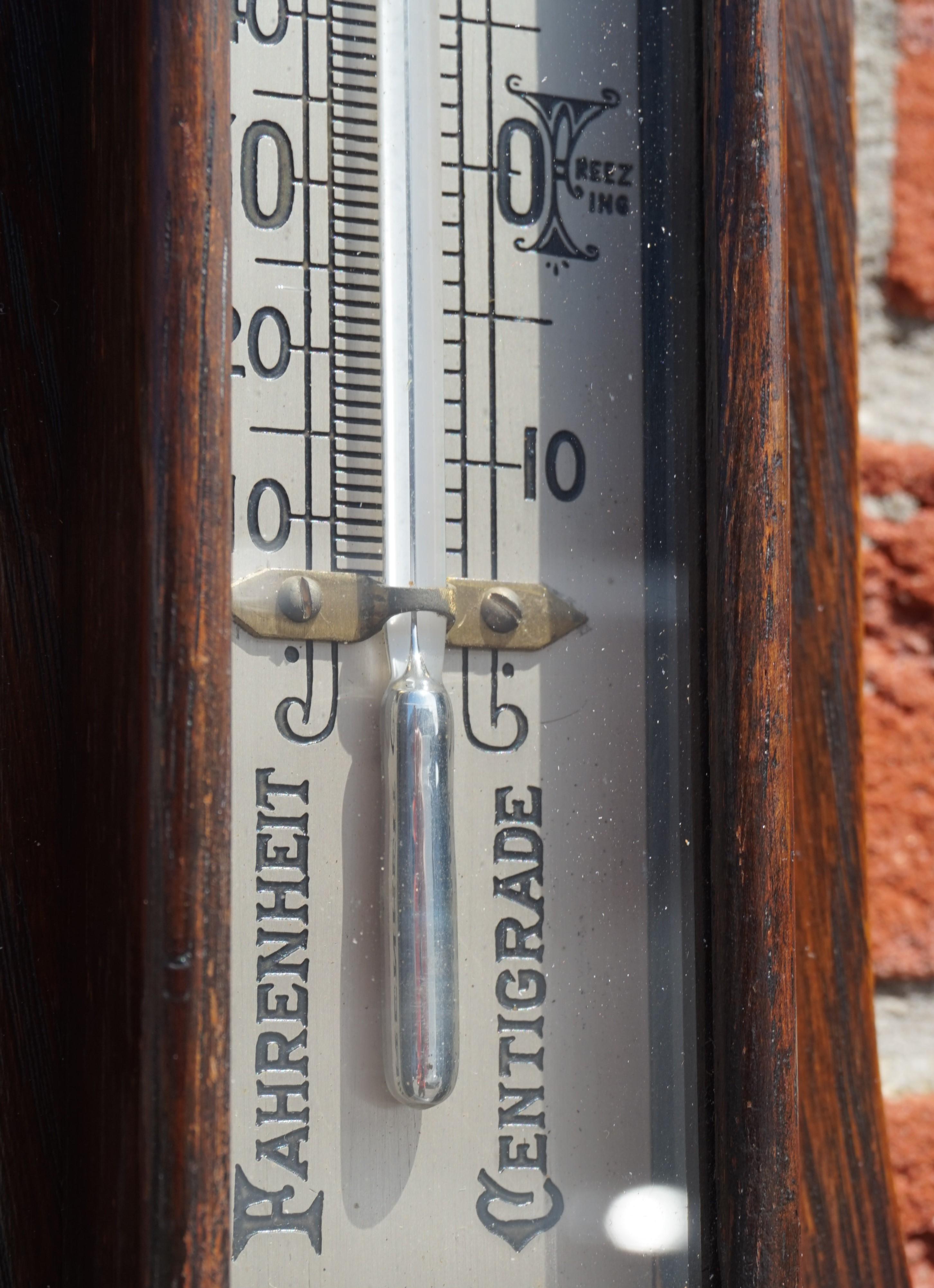 Antique and Large Hand Carved Gothic Revival English Barometer & Thermometer In Good Condition In Lisse, NL
