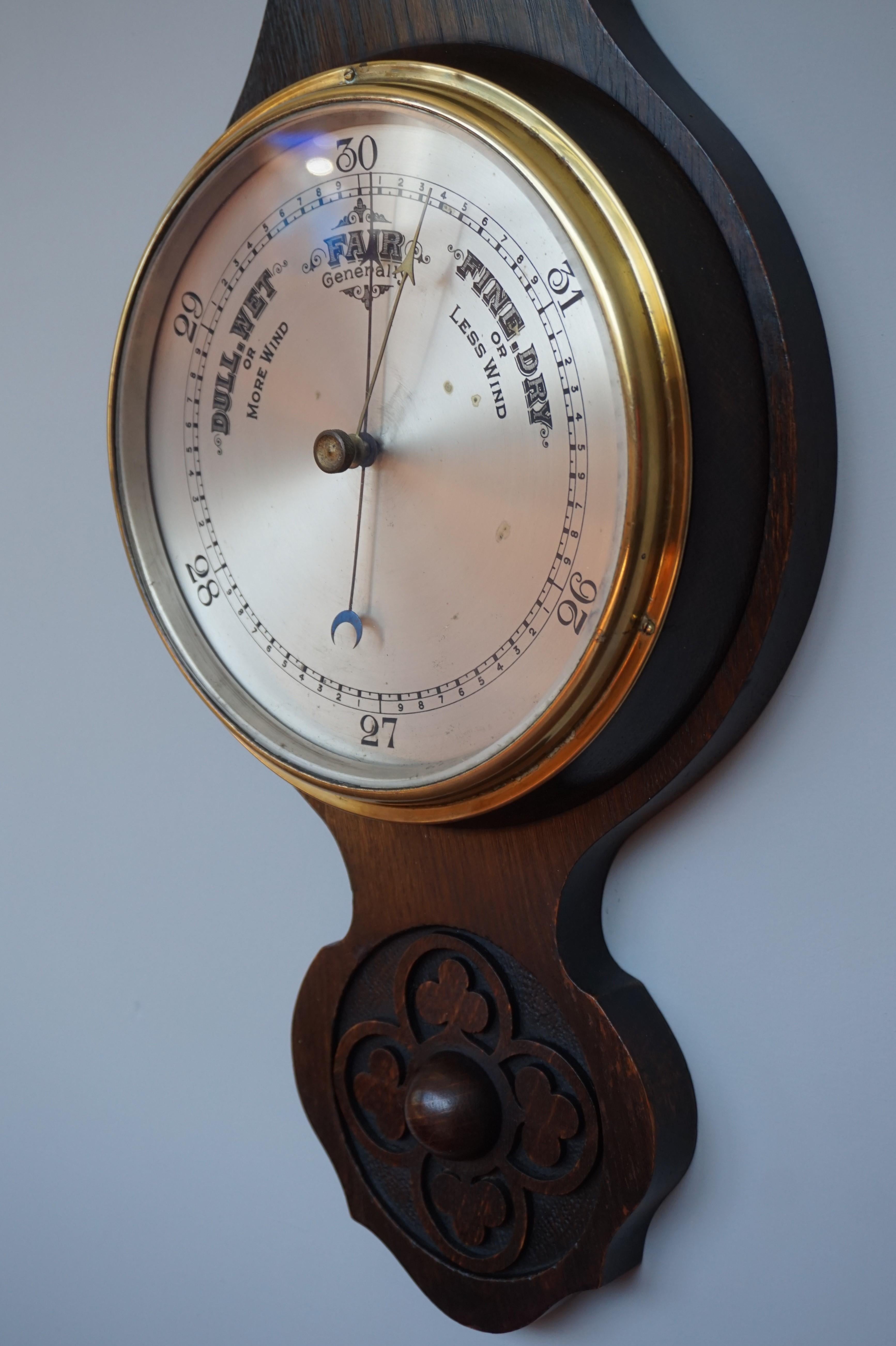 19th Century Antique and Large Hand Carved Gothic Revival English Barometer & Thermometer