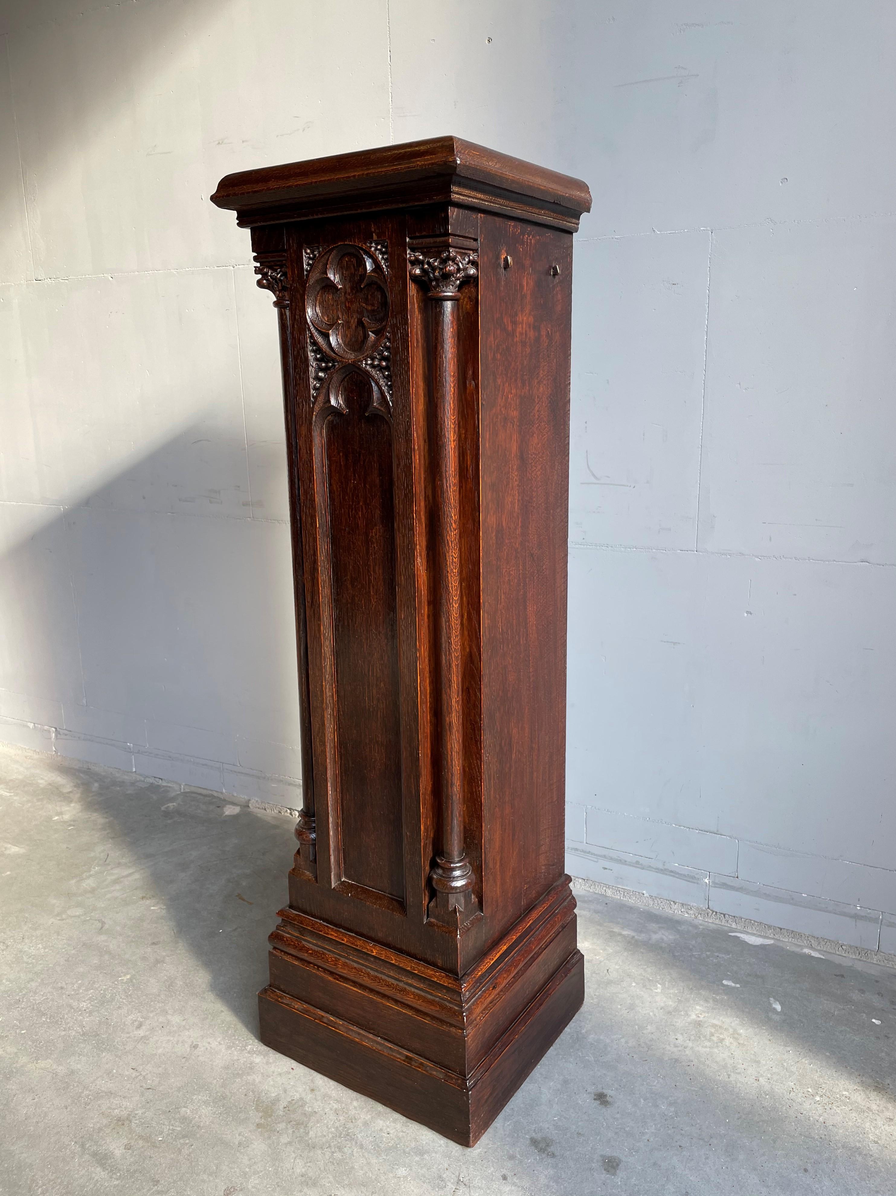 Antique and Large, Hand Carved Oak Gothic Revival Church Column Pedestal Stand 9
