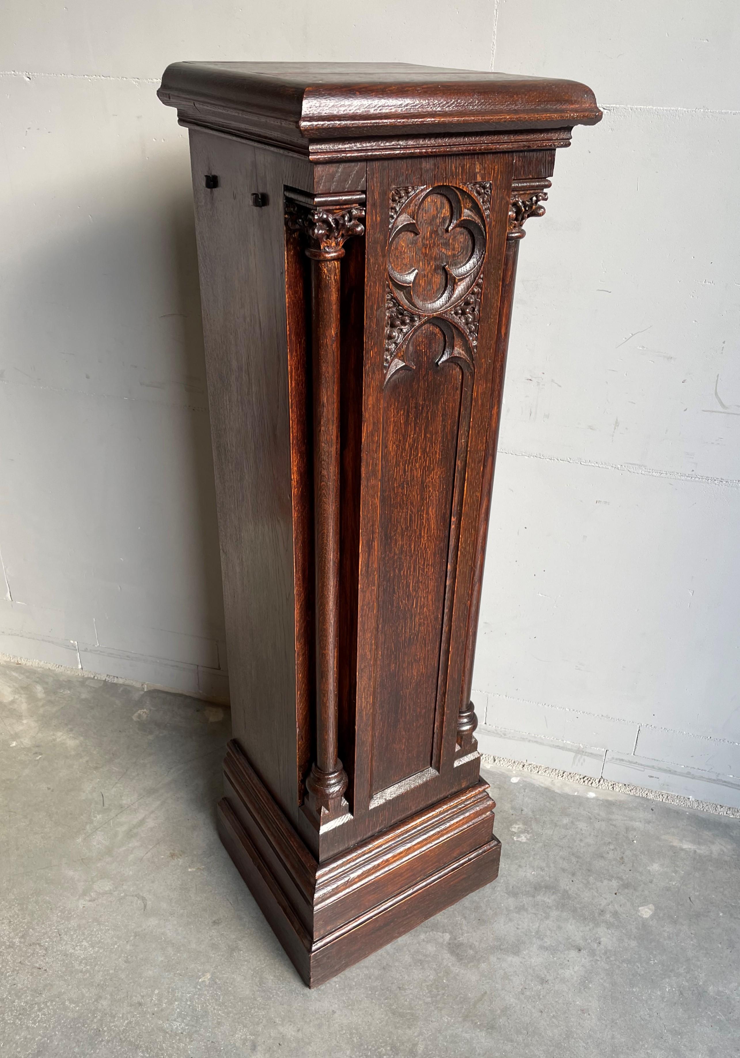 Antique and Large, Hand Carved Oak Gothic Revival Church Column Pedestal Stand 11