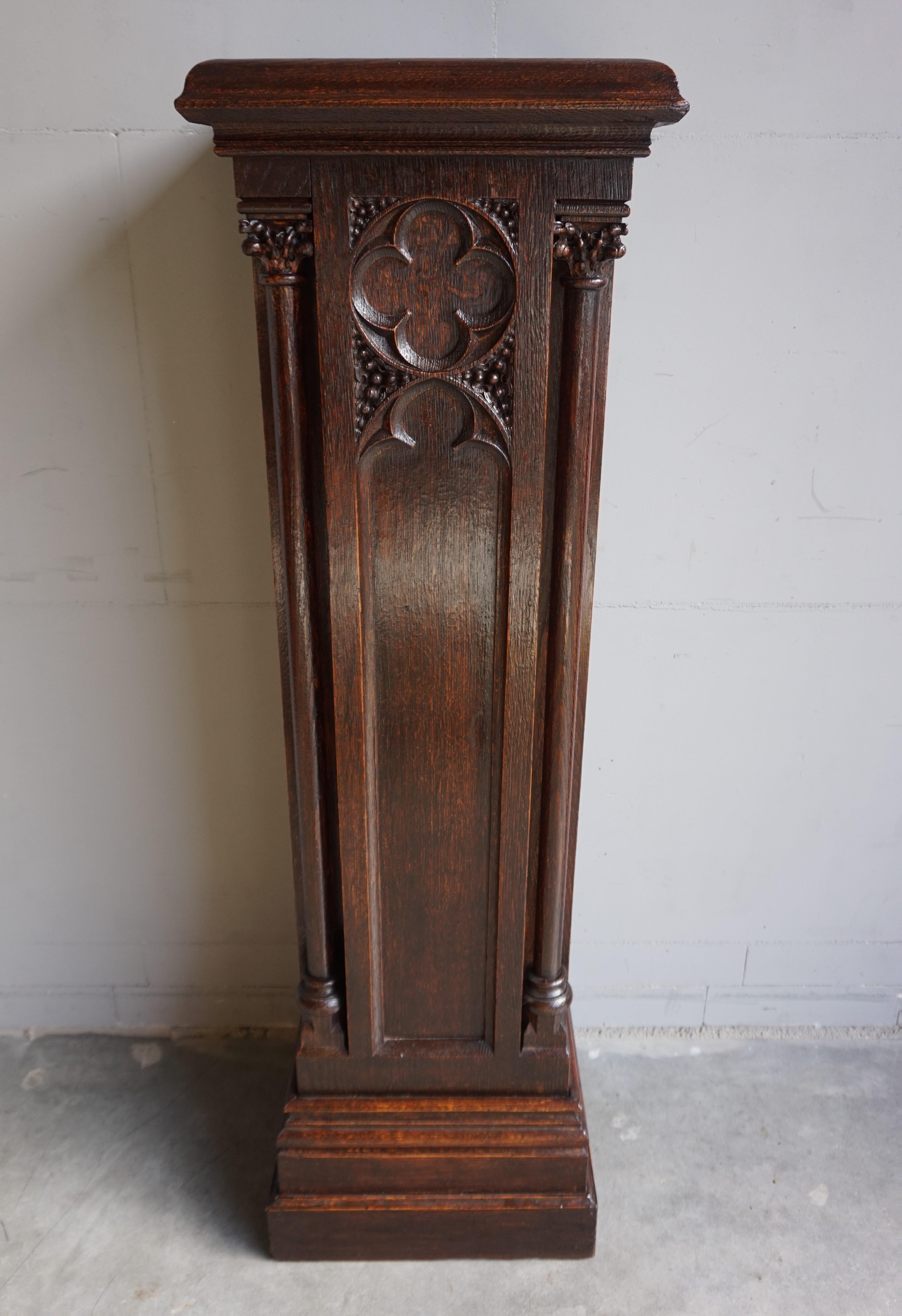 Antique and Large, Hand Carved Oak Gothic Revival Church Column Pedestal Stand 2