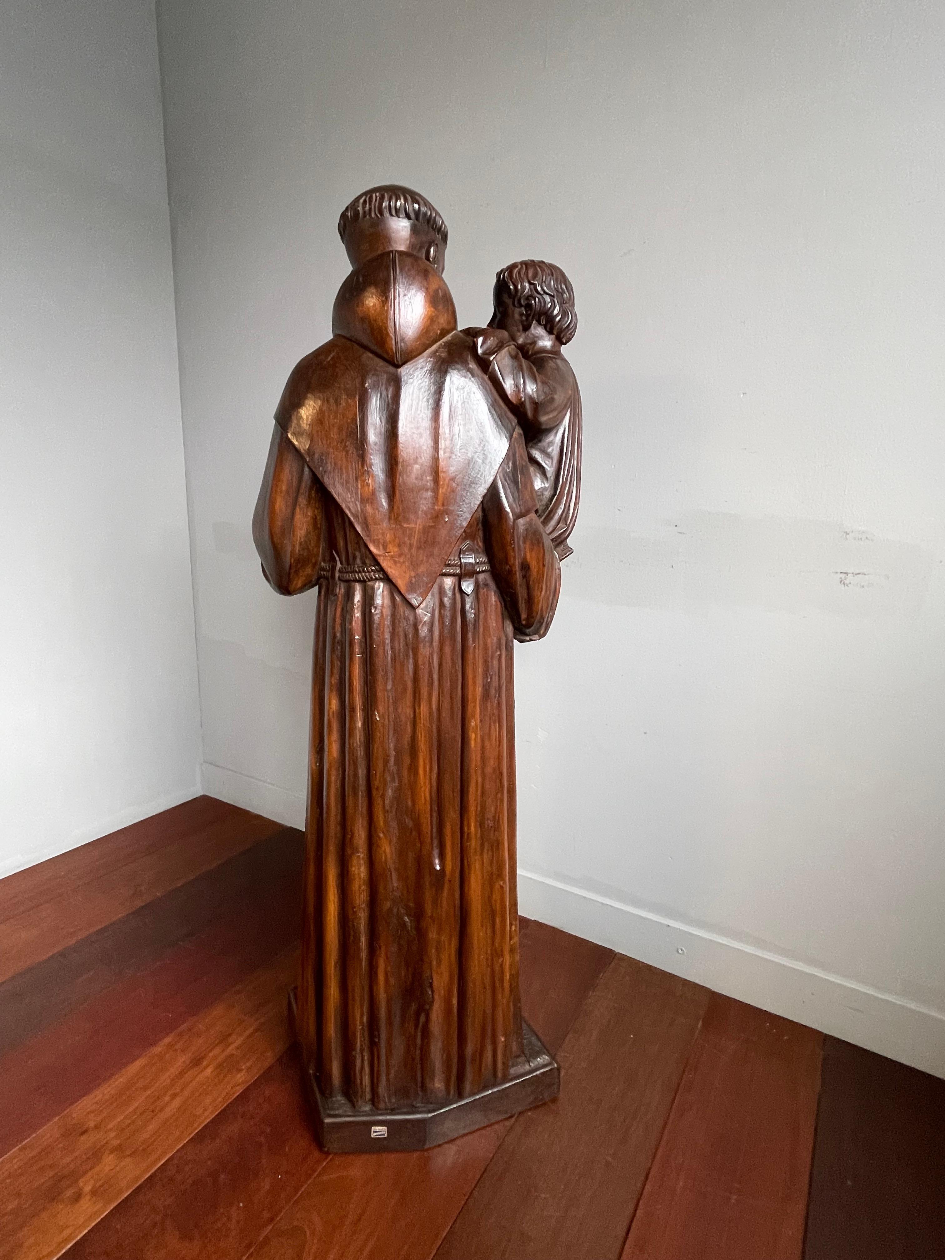 Antique and Large Hand Carved Wooden Saint Anthony & Child Jesus Sculpture 1880s For Sale 3