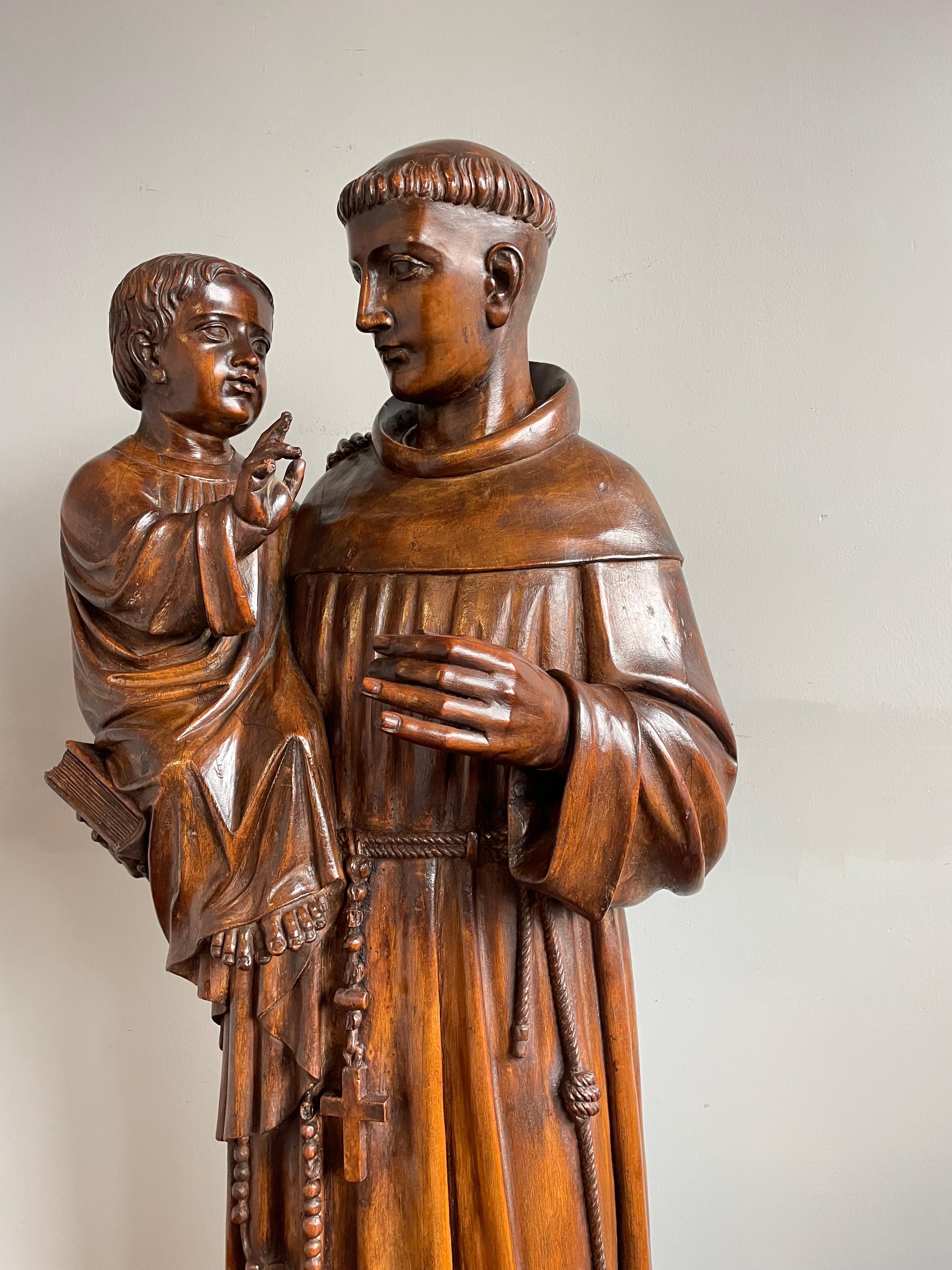 Antique and Large Hand Carved Wooden Saint Anthony & Child Jesus Sculpture 1880s For Sale 5