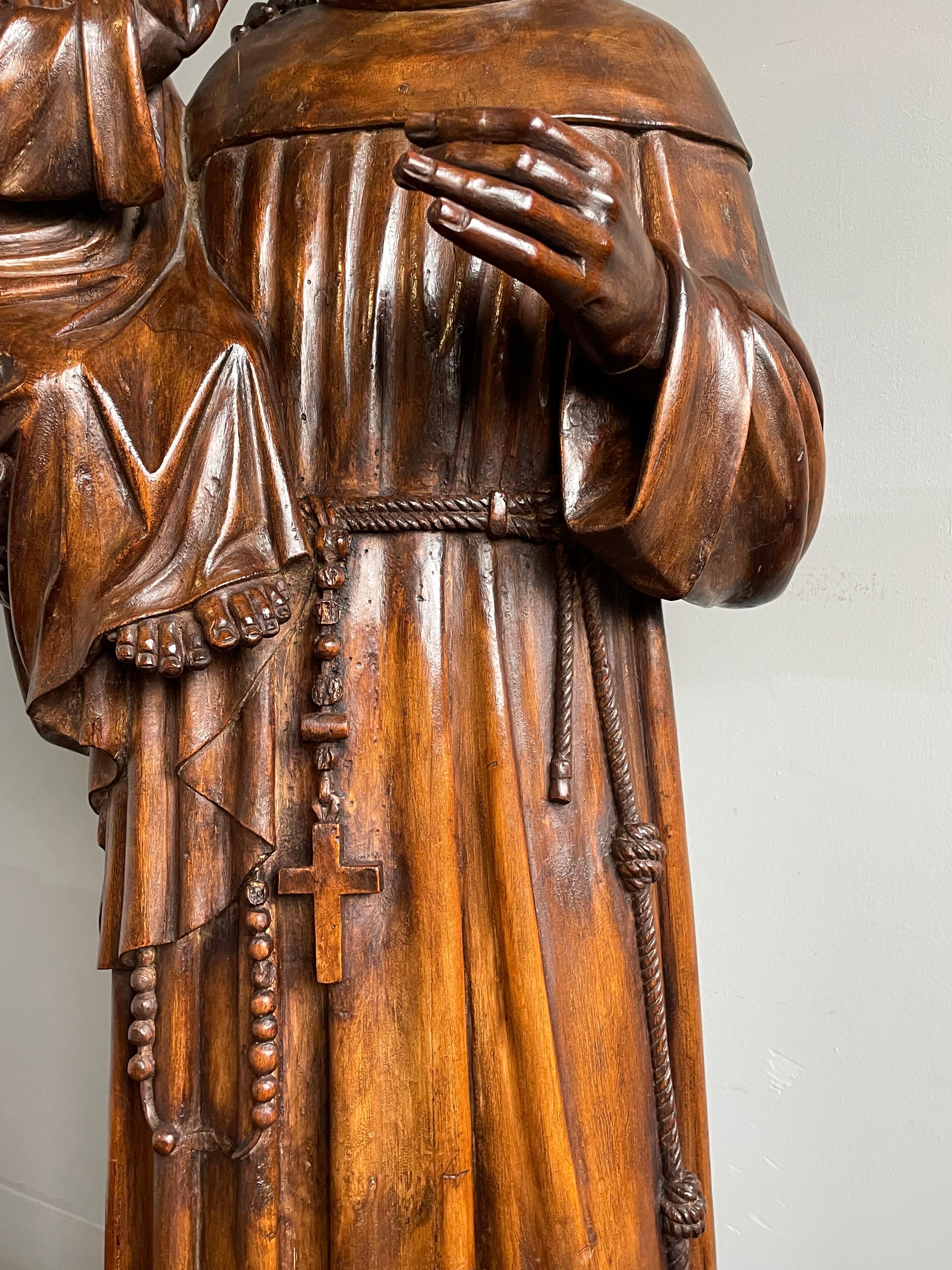 Antique and Large Hand Carved Wooden Saint Anthony & Child Jesus Sculpture 1880s For Sale 6
