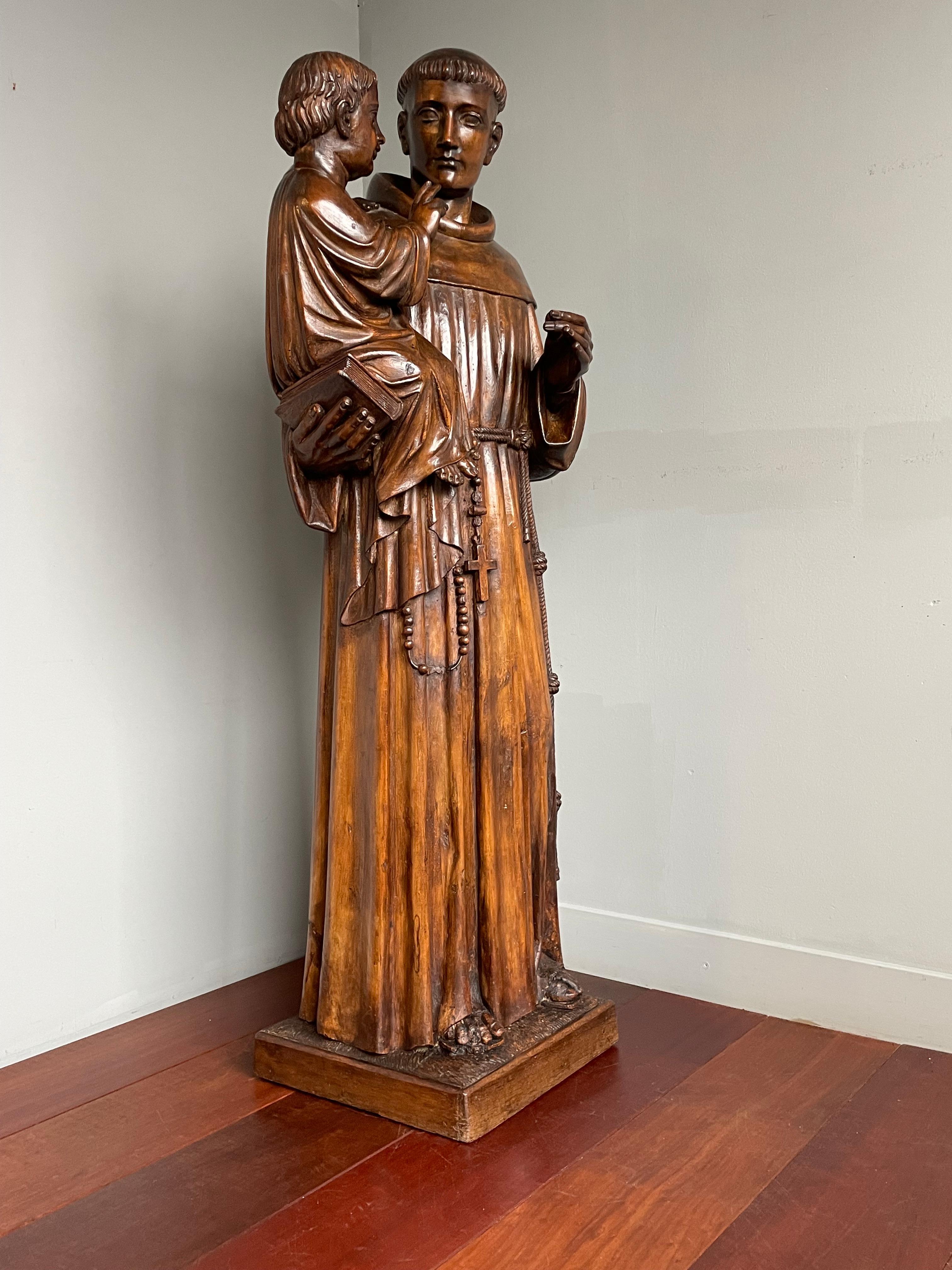 Antique and Large Hand Carved Wooden Saint Anthony & Child Jesus Sculpture 1880s For Sale 9