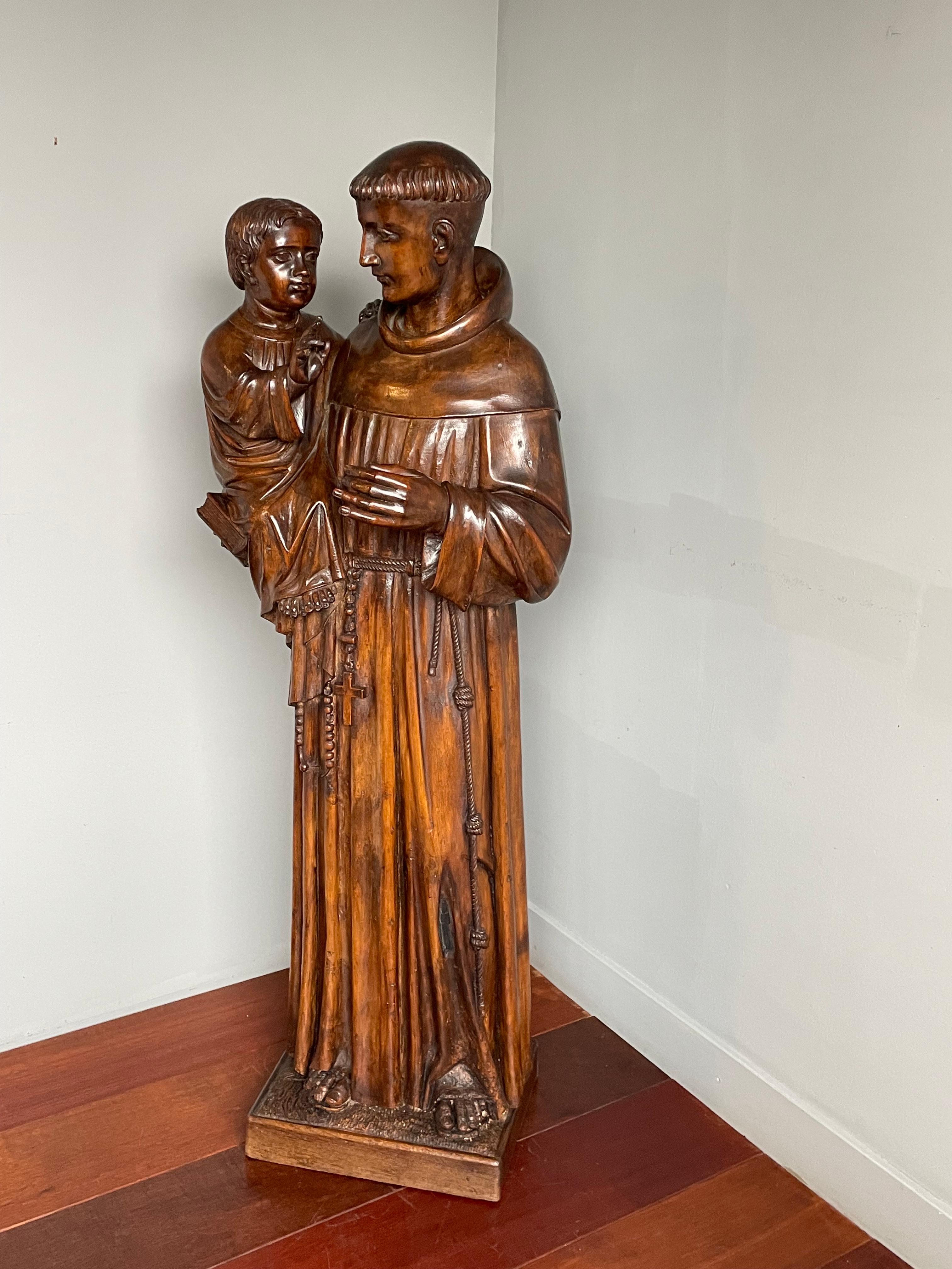 Antique and Large Hand Carved Wooden Saint Anthony & Child Jesus Sculpture 1880s 10