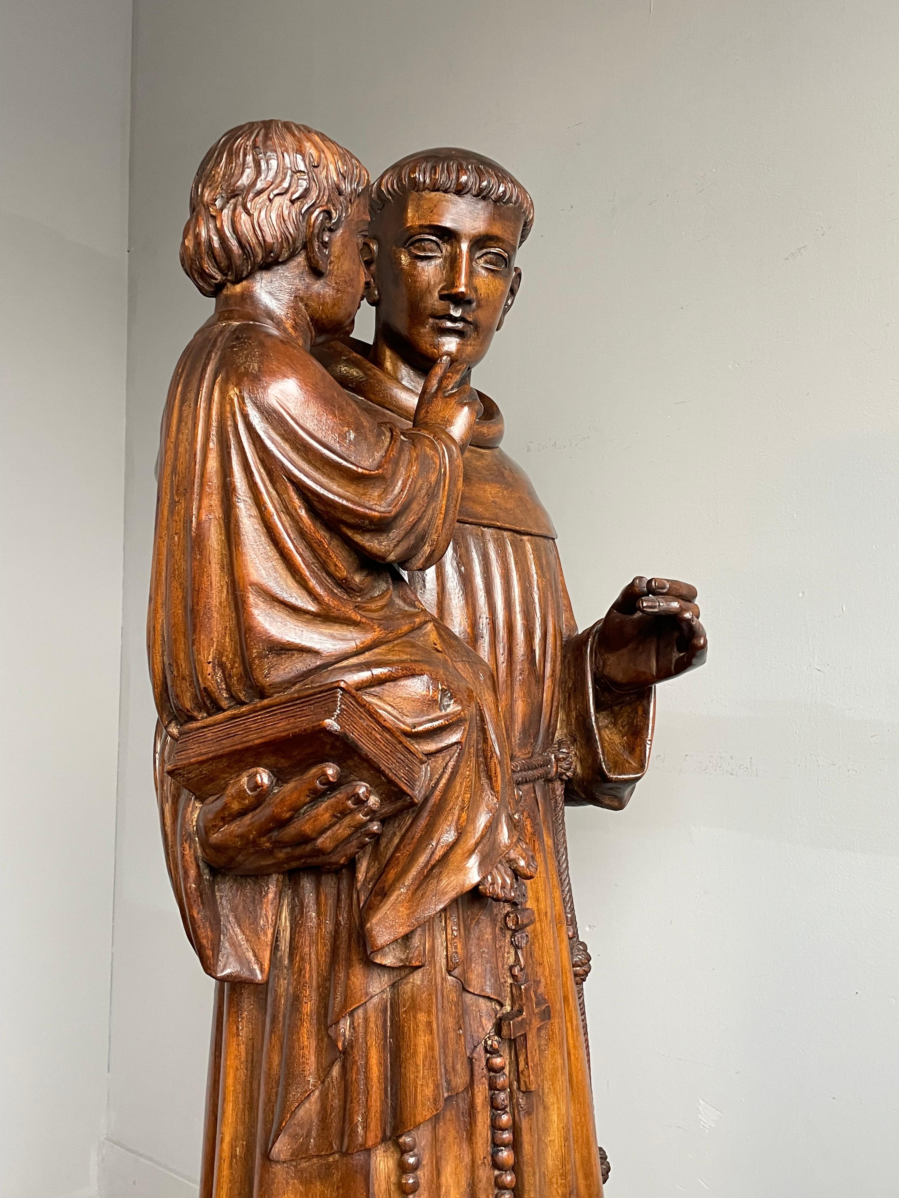 Renaissance Revival Antique and Large Hand Carved Wooden Saint Anthony & Child Jesus Sculpture 1880s For Sale