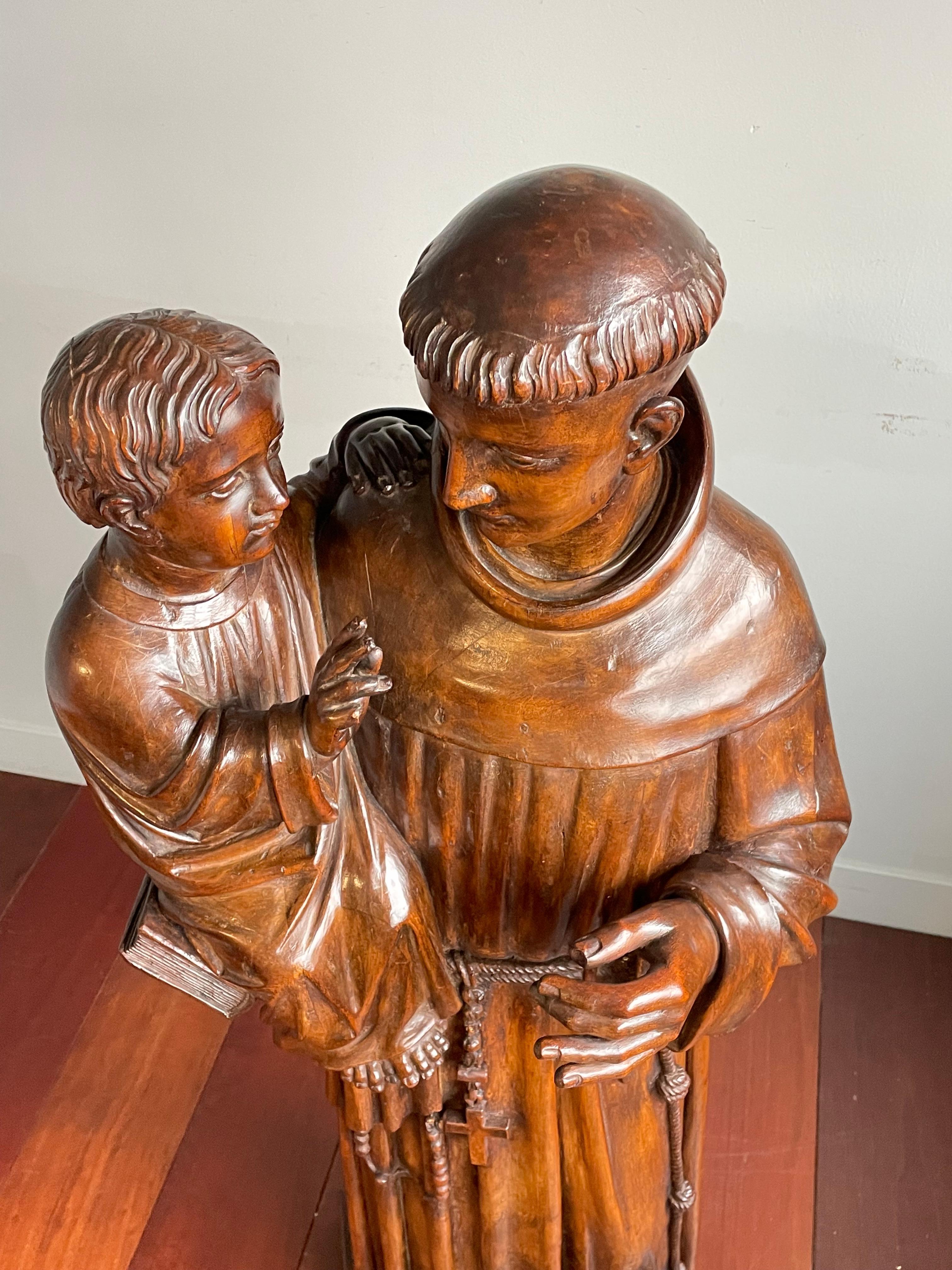 Hand-Carved Antique and Large Hand Carved Wooden Saint Anthony & Child Jesus Sculpture 1880s For Sale
