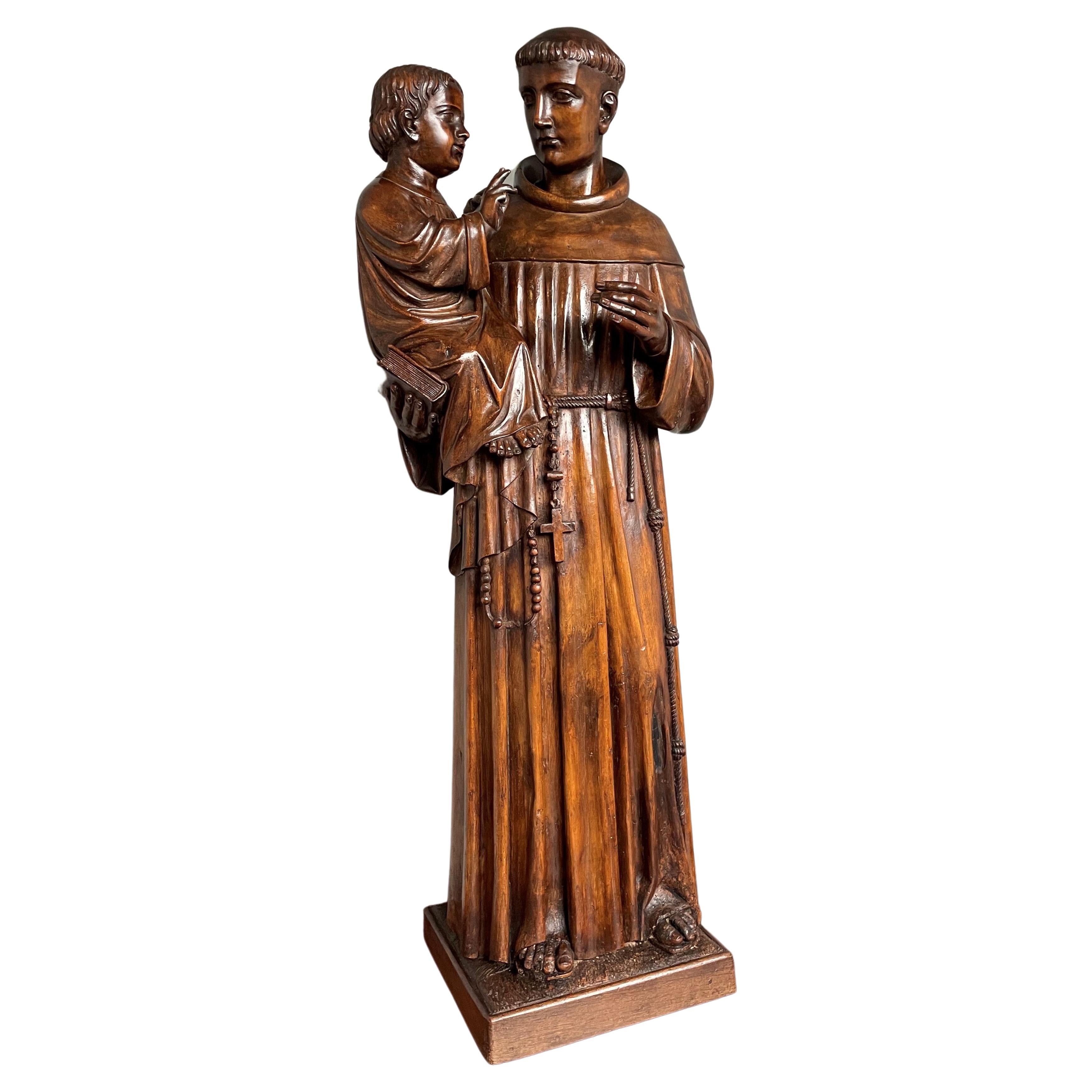 Antique and Large Hand Carved Wooden Saint Anthony & Child Jesus Sculpture 1880s For Sale