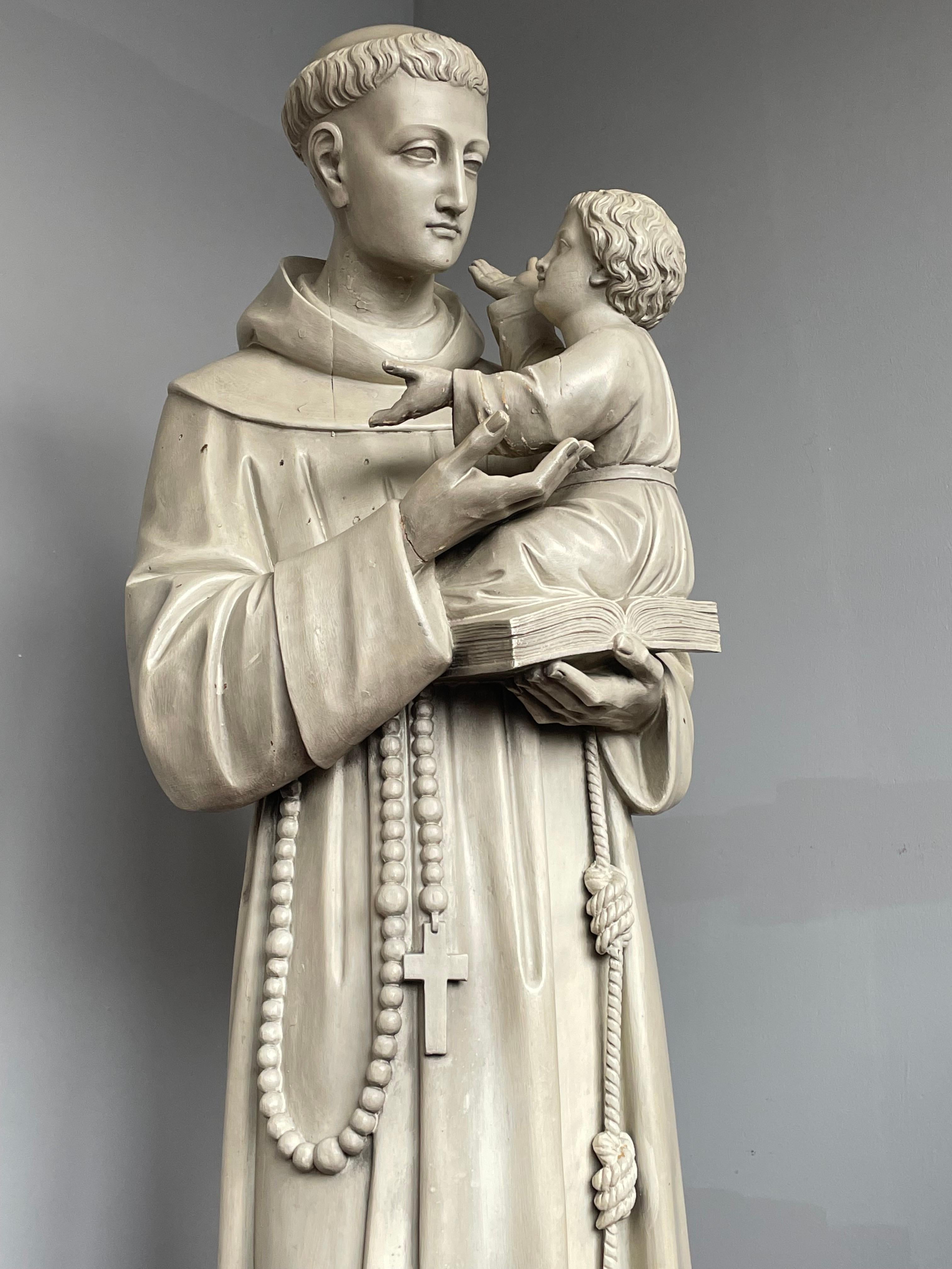 20th Century Antique and Large Hand Carved Wooden Saint Anthony of Padua Statue / Sculpture For Sale
