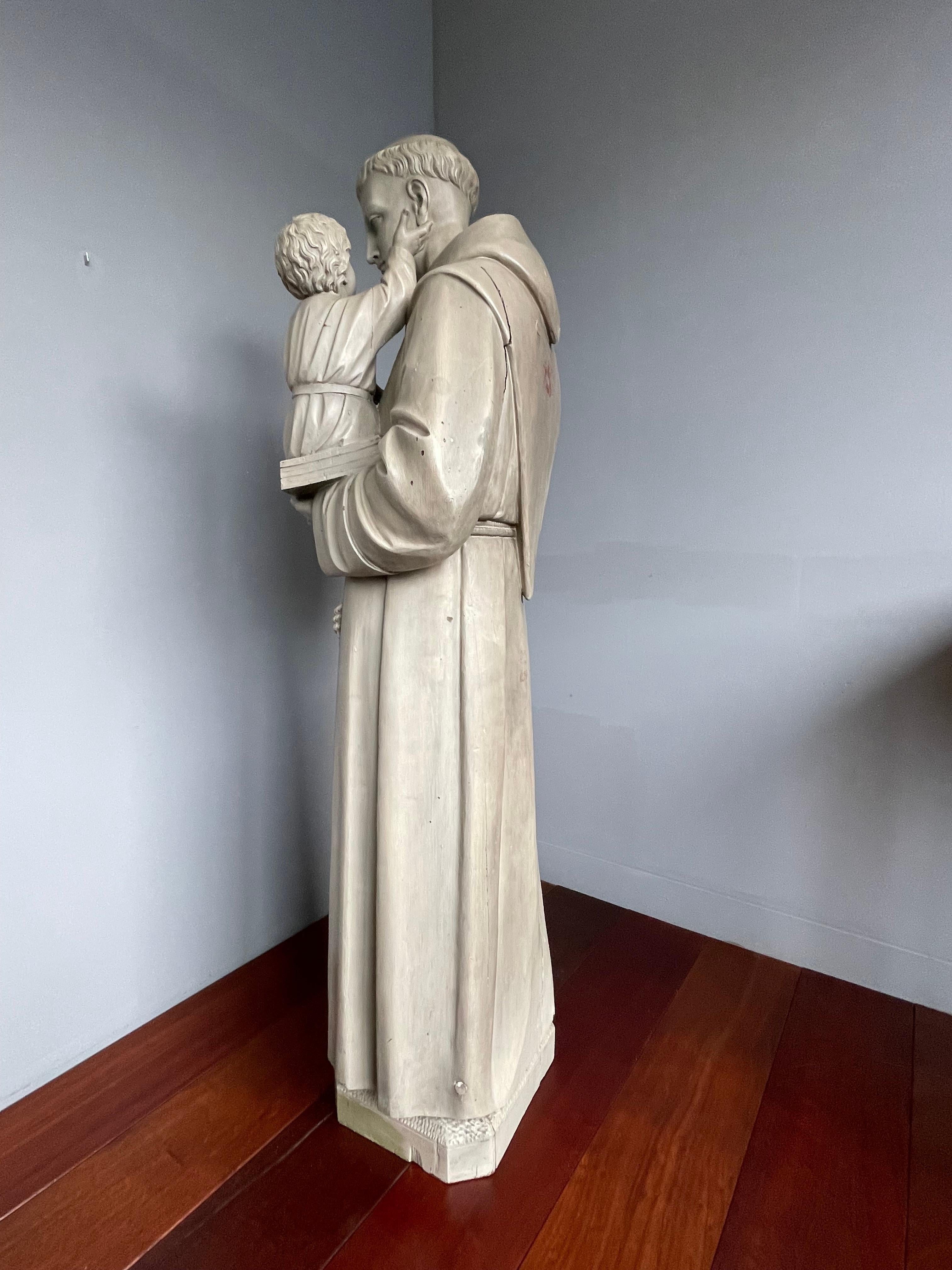 Antique and Large Hand Carved Wooden Saint Anthony of Padua Statue / Sculpture For Sale 5