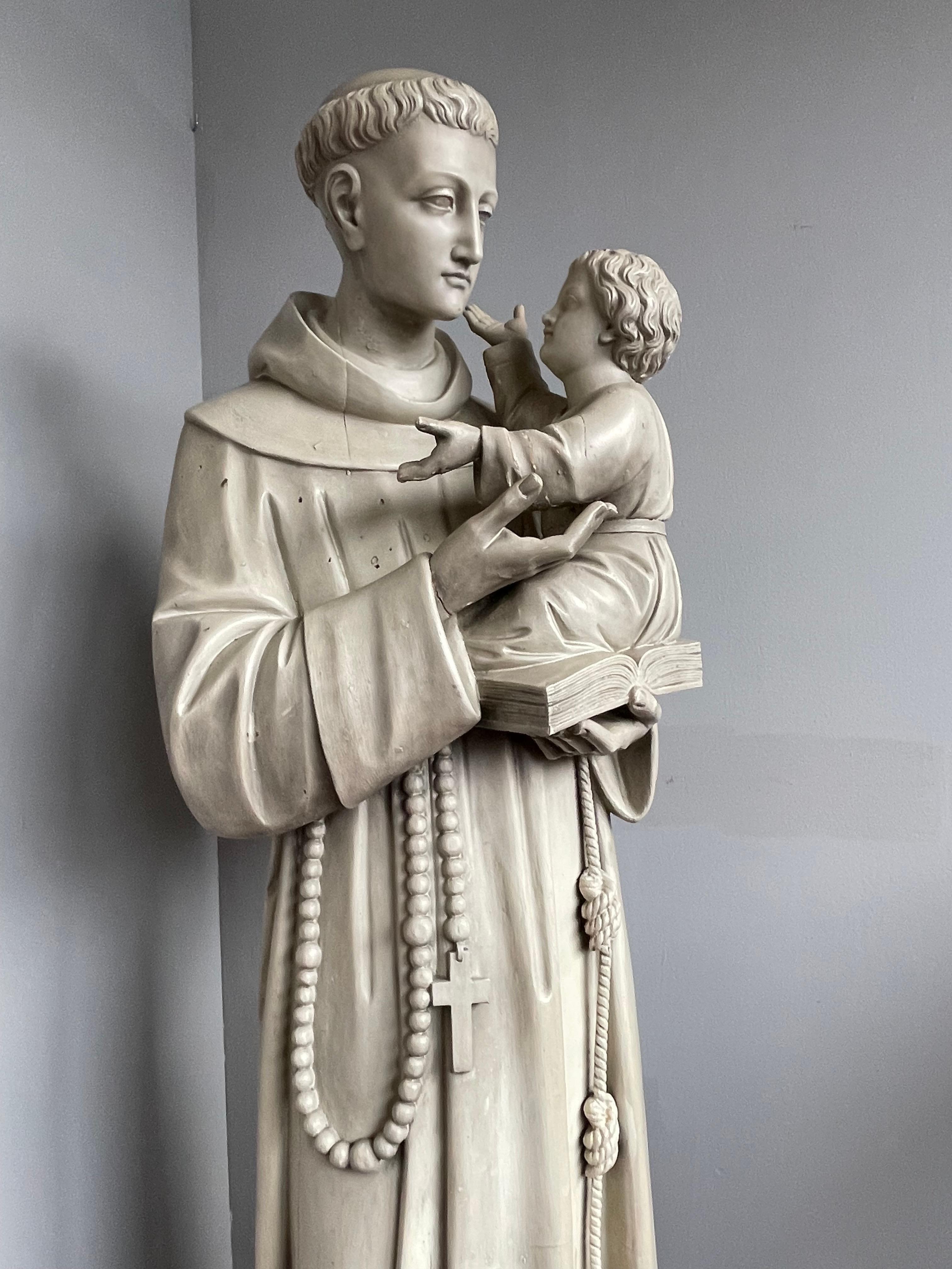 Antique and Large Hand Carved Wooden Saint Anthony of Padua Statue / Sculpture For Sale 8