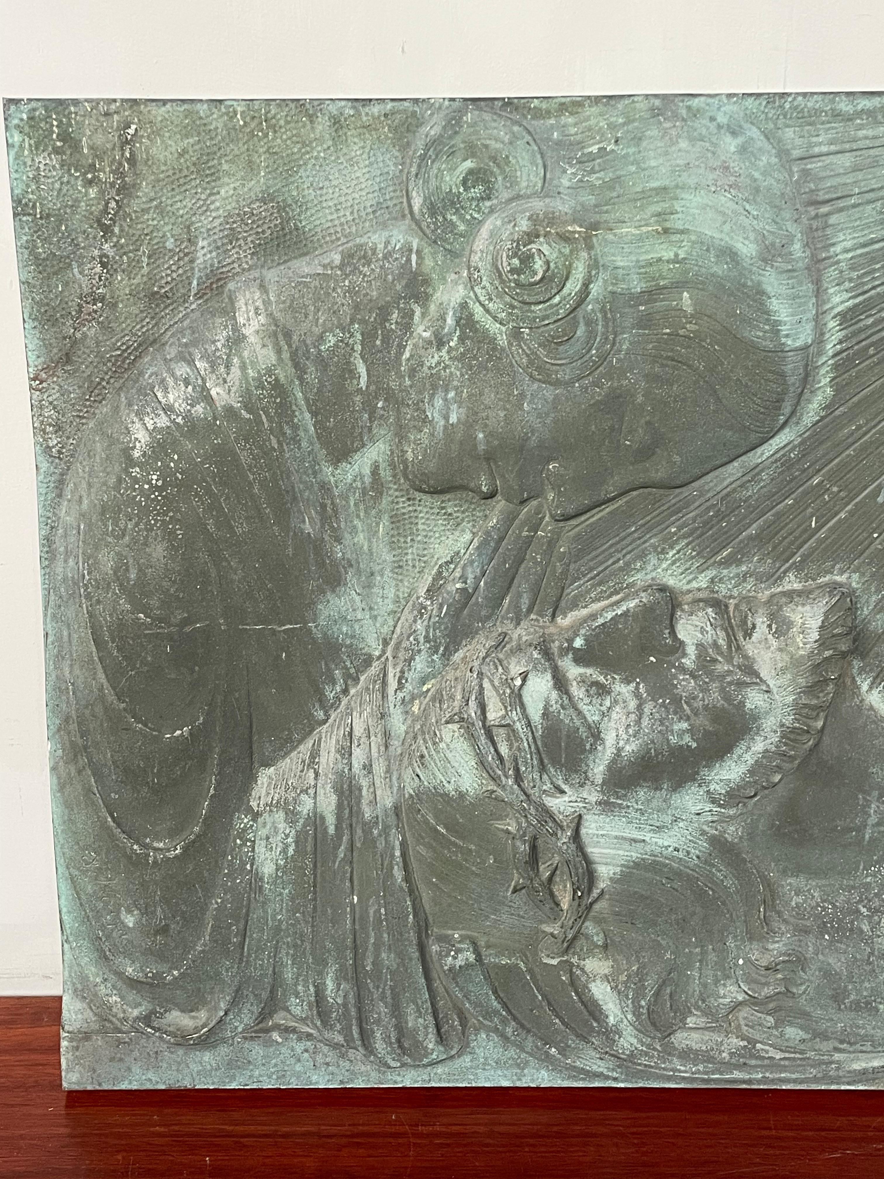 Antique and Large, Thick Bronze Art Deco Wall Plaque, The Piëta by Sylvain Norga 4