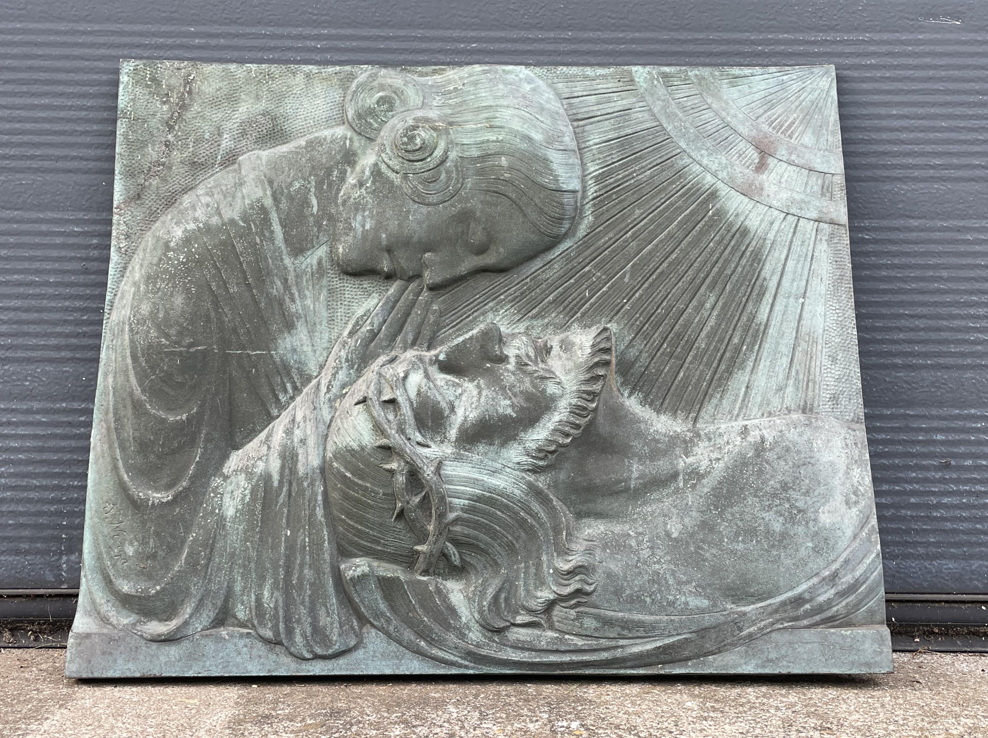 Antique and Large, Thick Bronze Art Deco Wall Plaque, The Piëta by Sylvain Norga 6