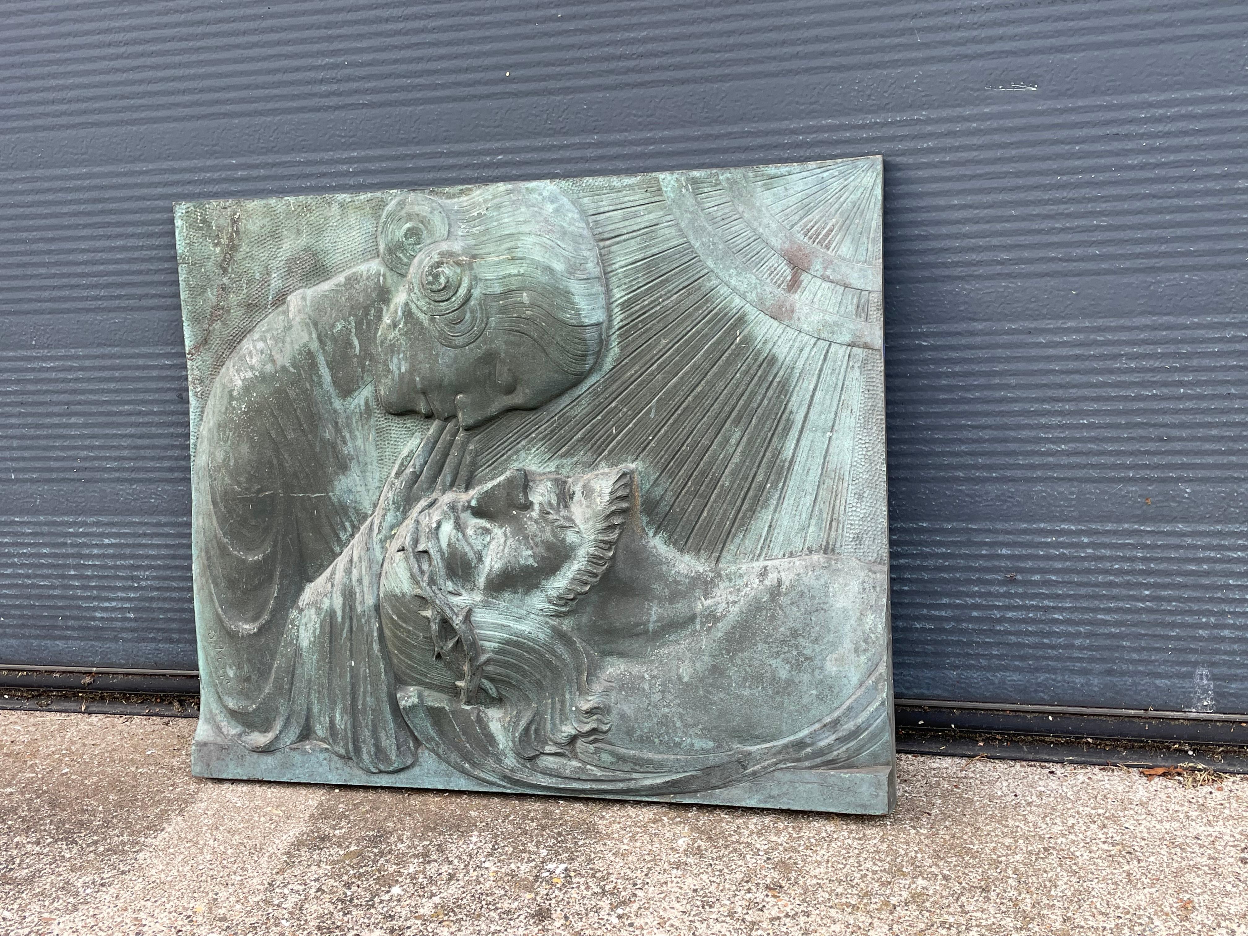 Art Nouveau Antique and Large, Thick Bronze Art Deco Wall Plaque, The Piëta by Sylvain Norga