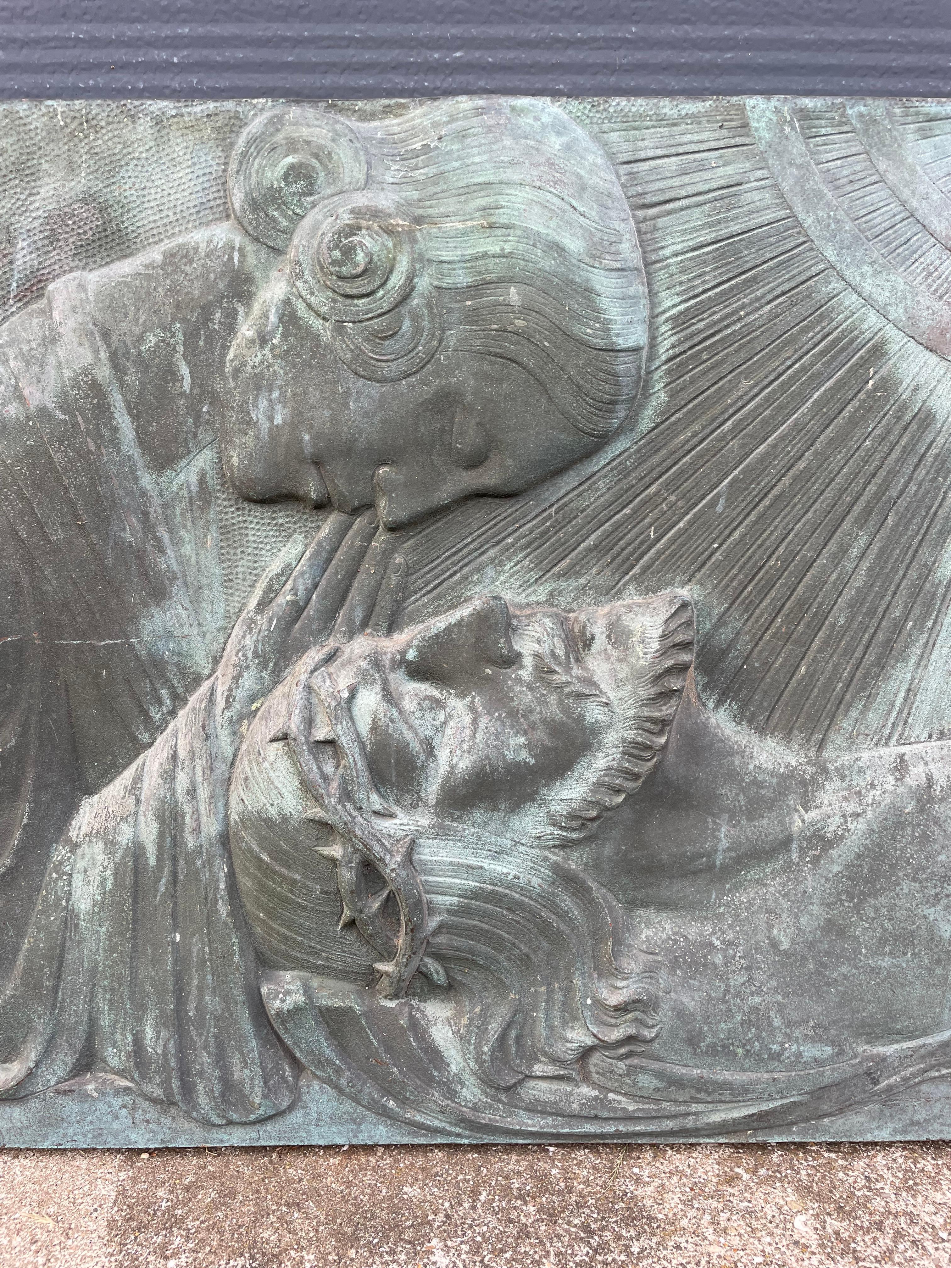 Belgian Antique and Large, Thick Bronze Art Deco Wall Plaque, The Piëta by Sylvain Norga