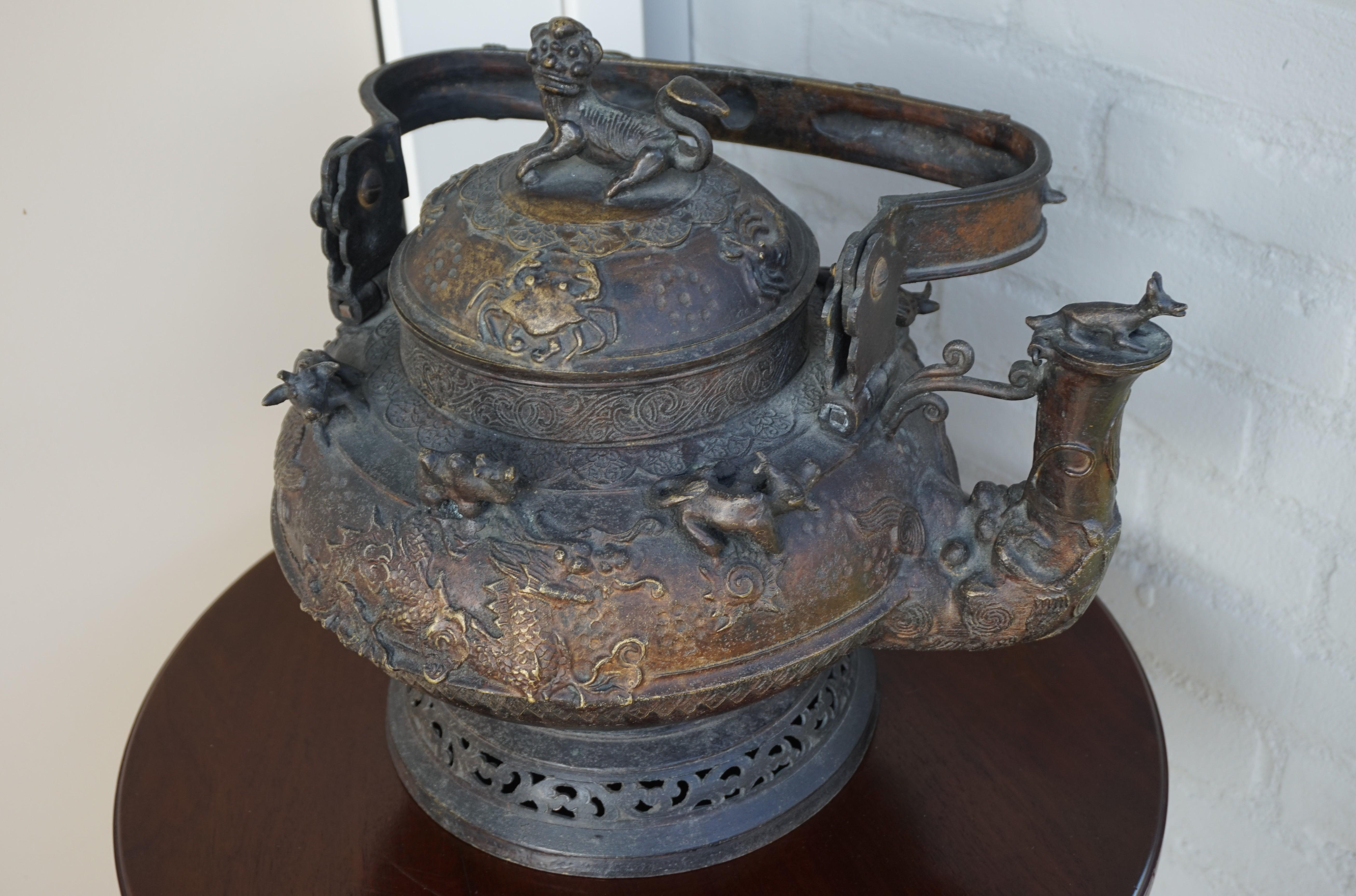 Antique and Largest Ever Malay Brunei Ritual Bronze Kettle w. Animal Sculptures For Sale 1