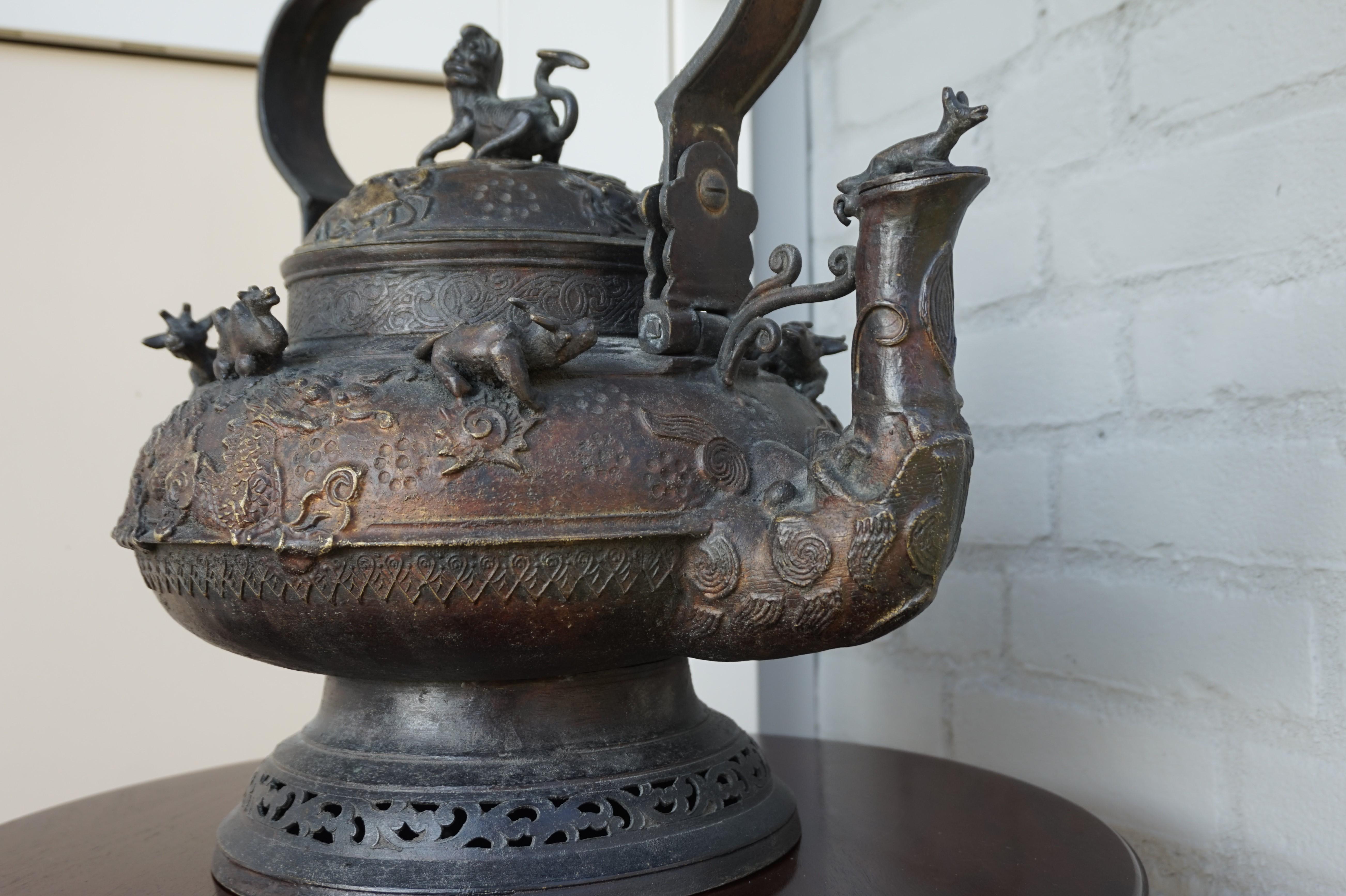 Antique and Largest Ever Malay Brunei Ritual Bronze Kettle w. Animal Sculptures For Sale 2