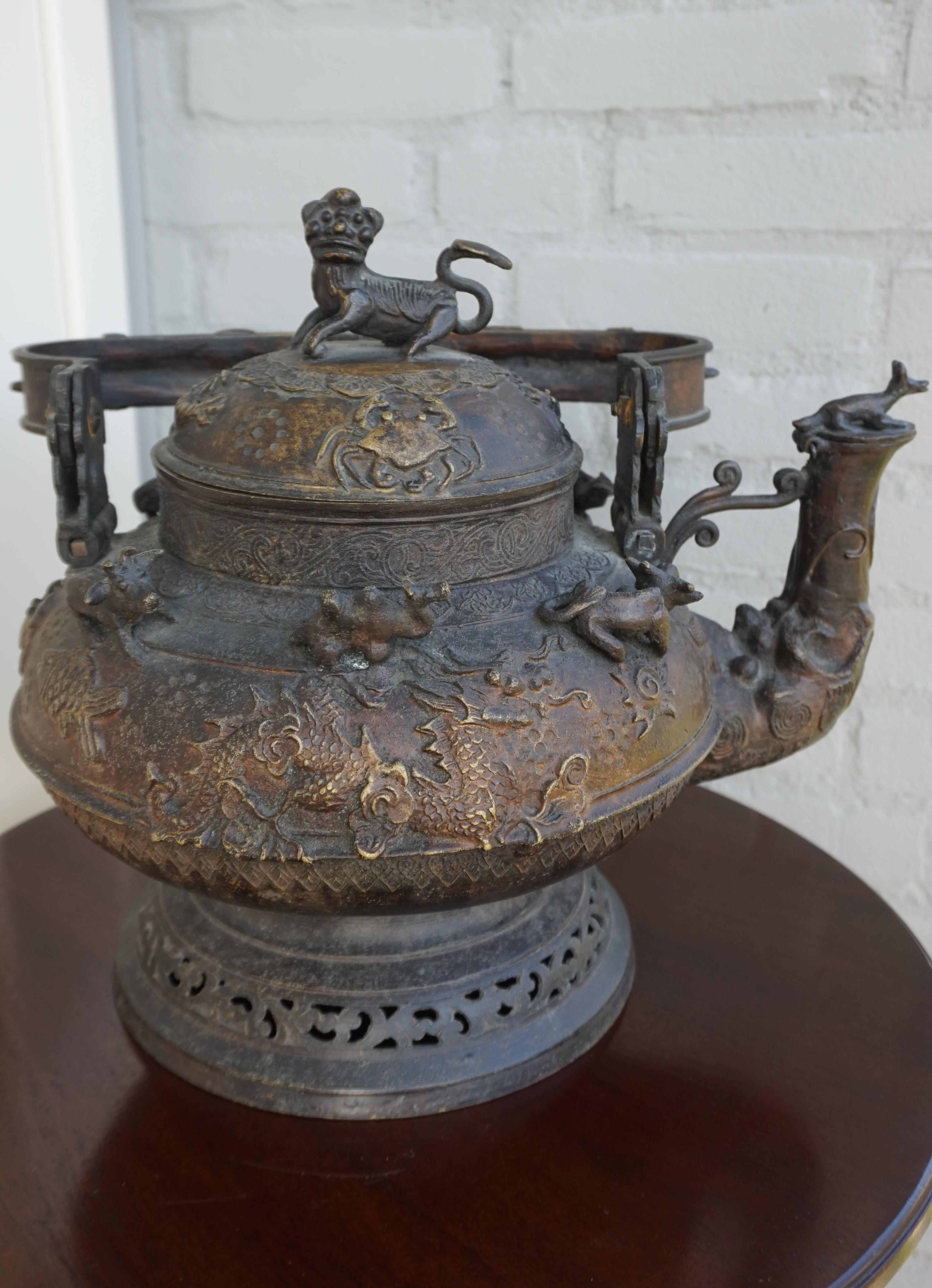 Antique and Largest Ever Malay Brunei Ritual Bronze Kettle w. Animal Sculptures For Sale 3