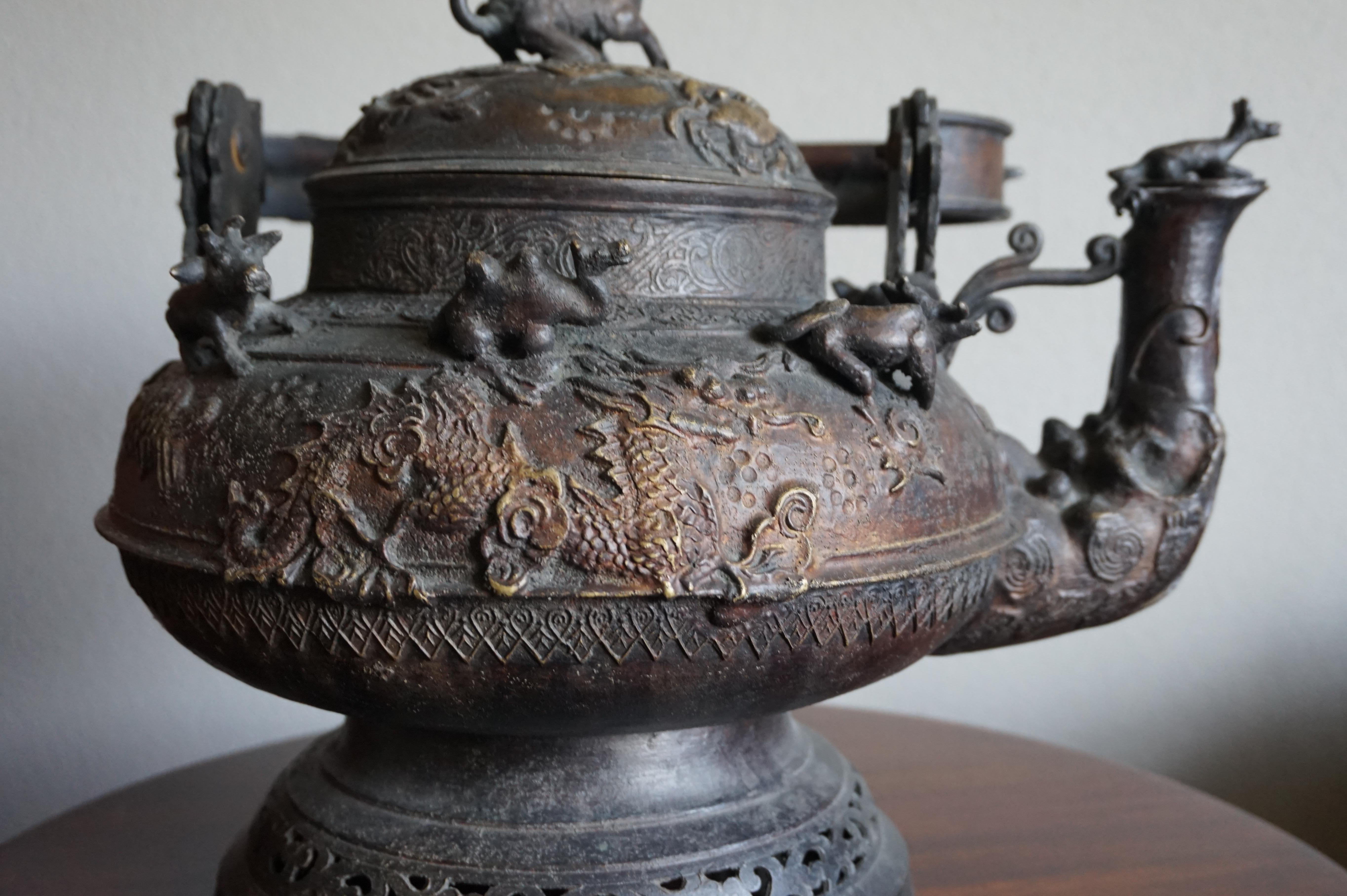 Antique and Largest Ever Malay Brunei Ritual Bronze Kettle w. Animal Sculptures For Sale 4