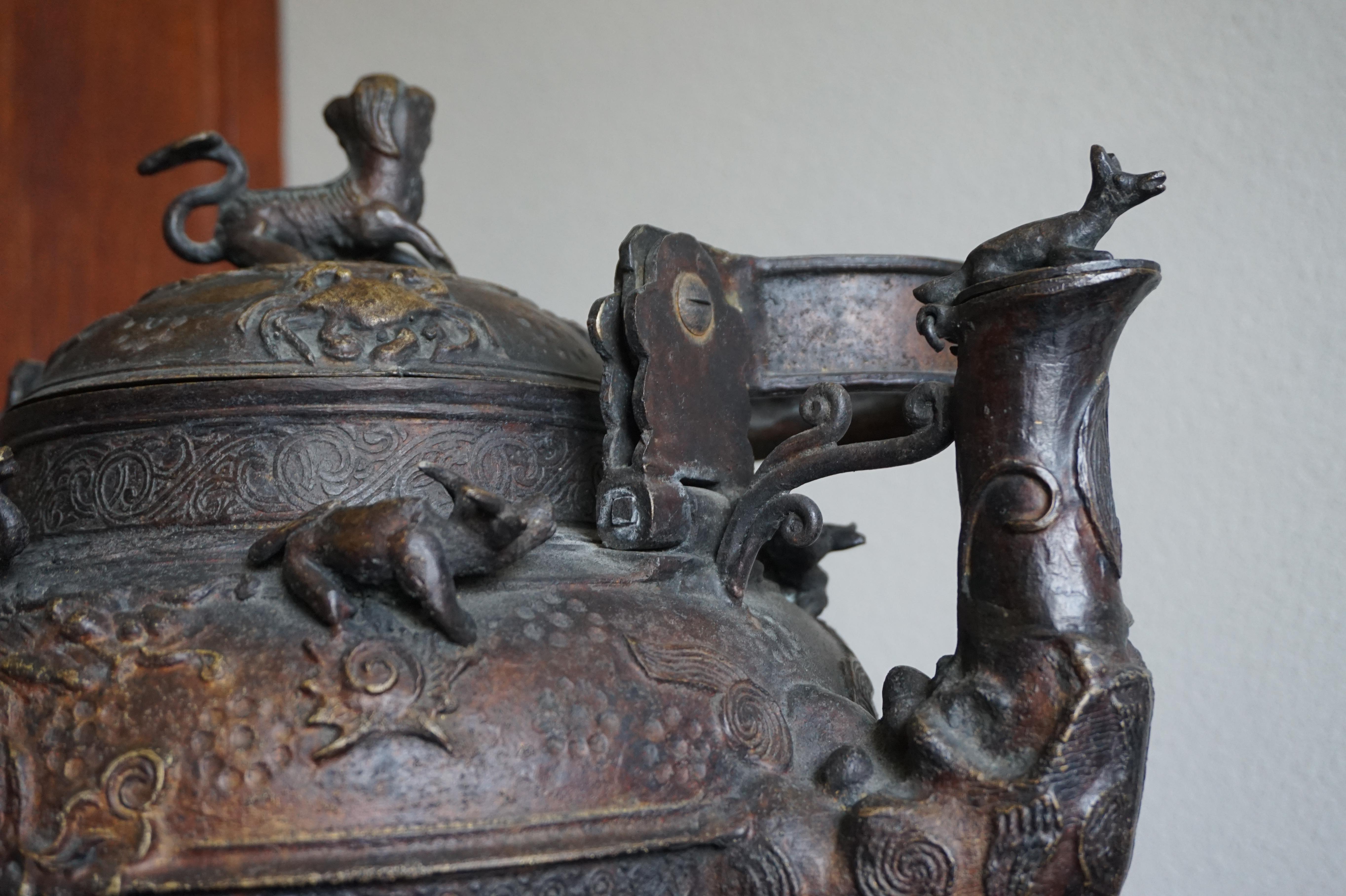 Antique and Largest Ever Malay Brunei Ritual Bronze Kettle w. Animal Sculptures For Sale 5