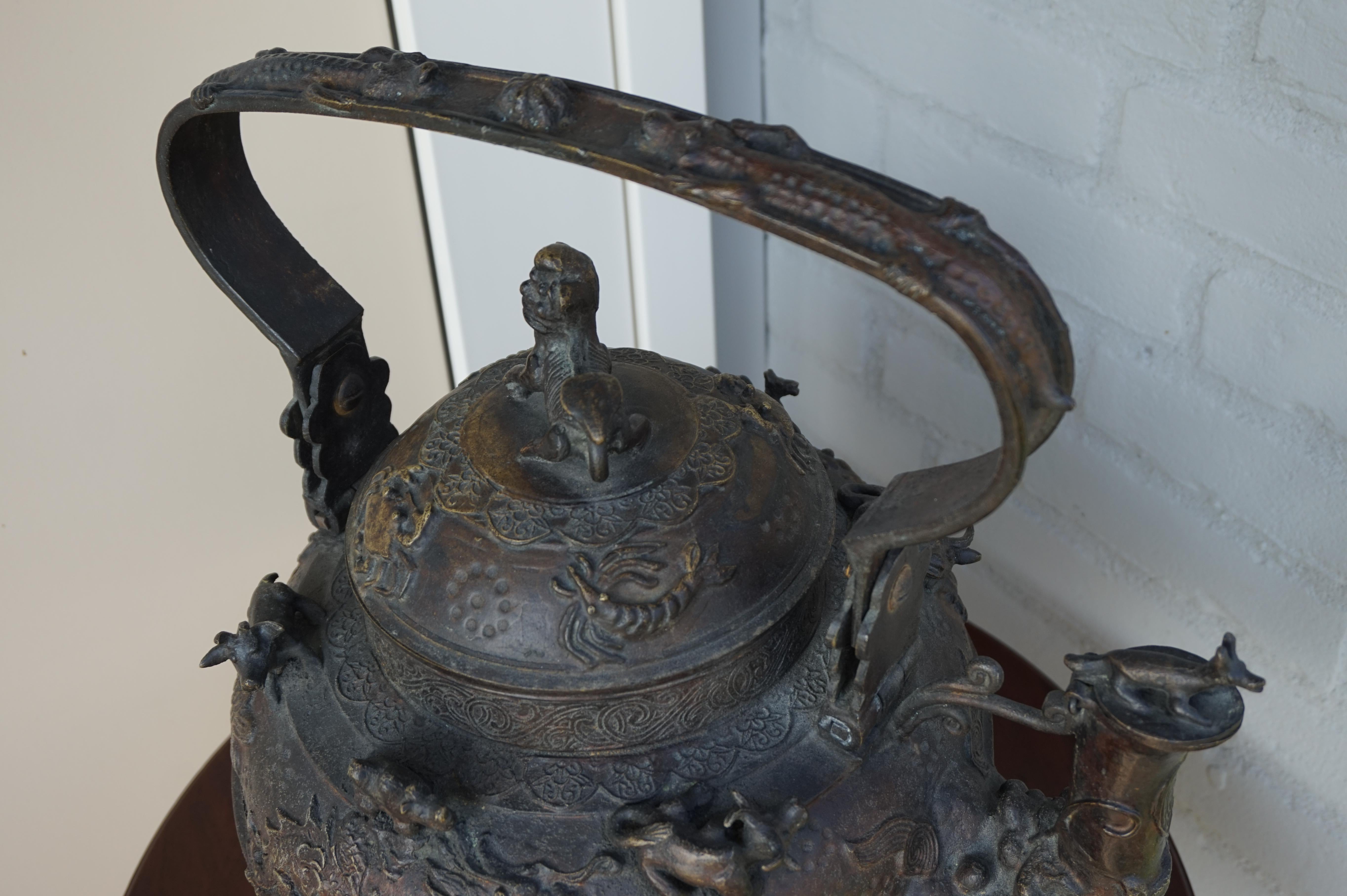 Antique and Largest Ever Malay Brunei Ritual Bronze Kettle w. Animal Sculptures For Sale 9