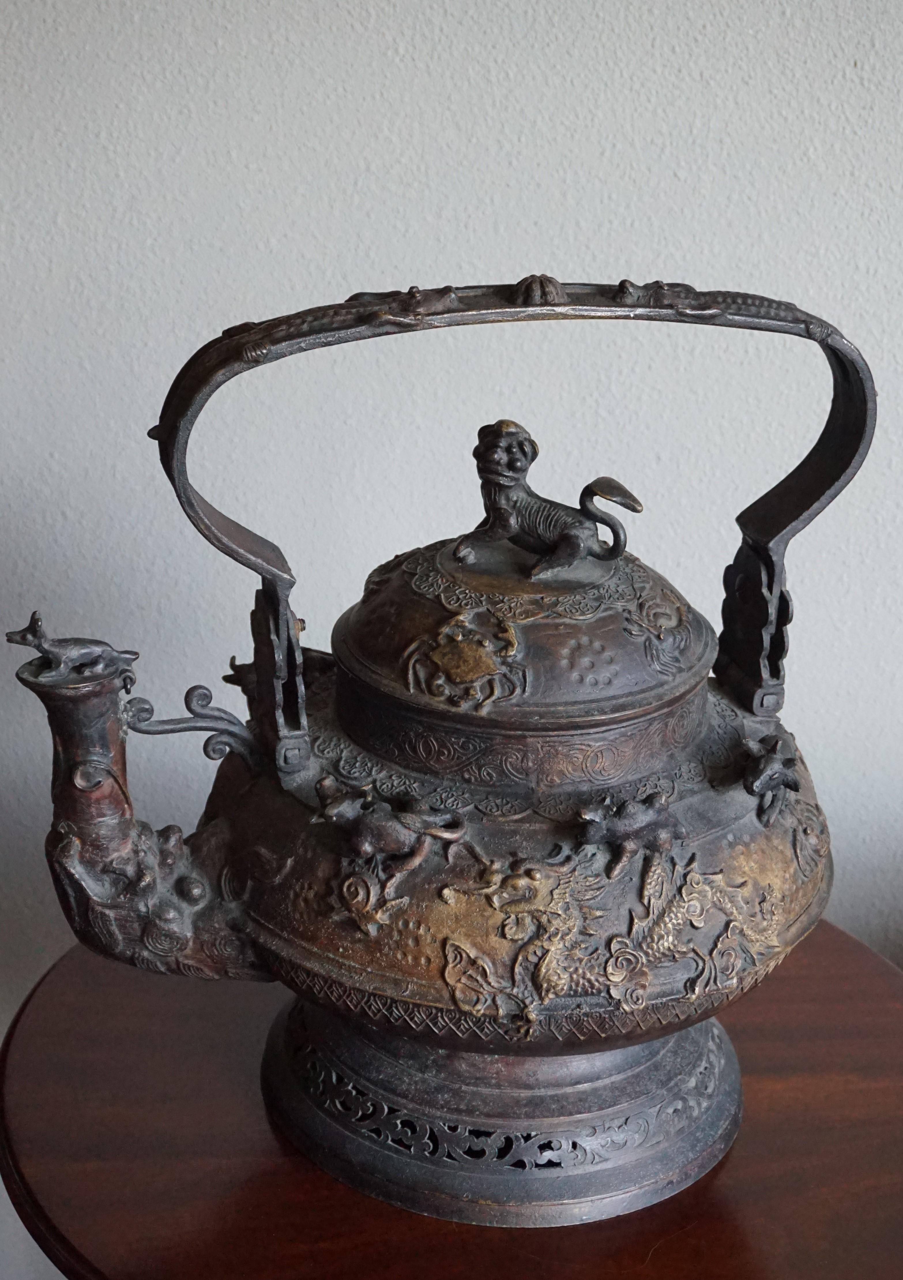 Antique and Largest Ever Malay Brunei Ritual Bronze Kettle w. Animal Sculptures For Sale 11