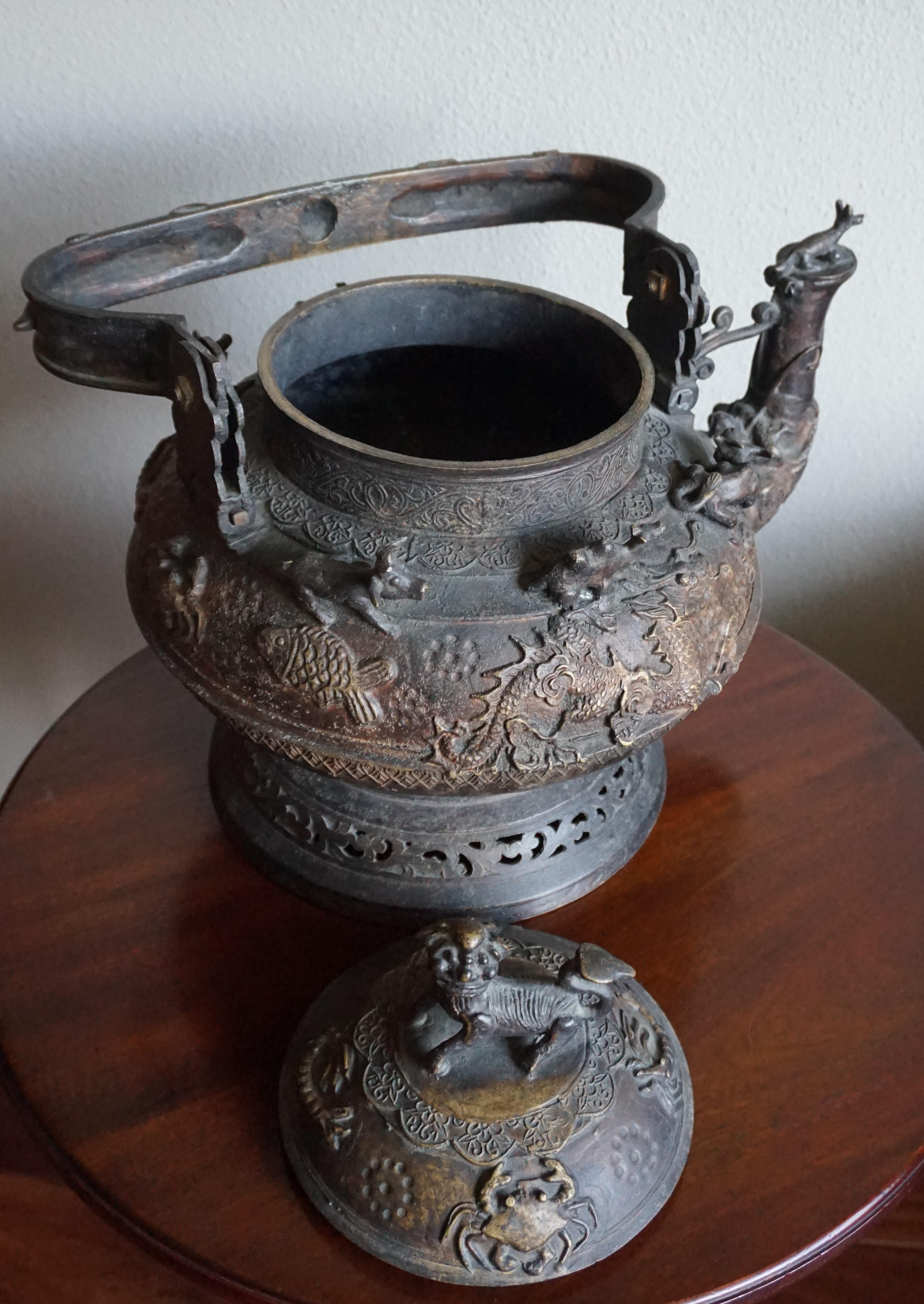 Hand-Crafted Antique and Largest Ever Malay Brunei Ritual Bronze Kettle w. Animal Sculptures For Sale