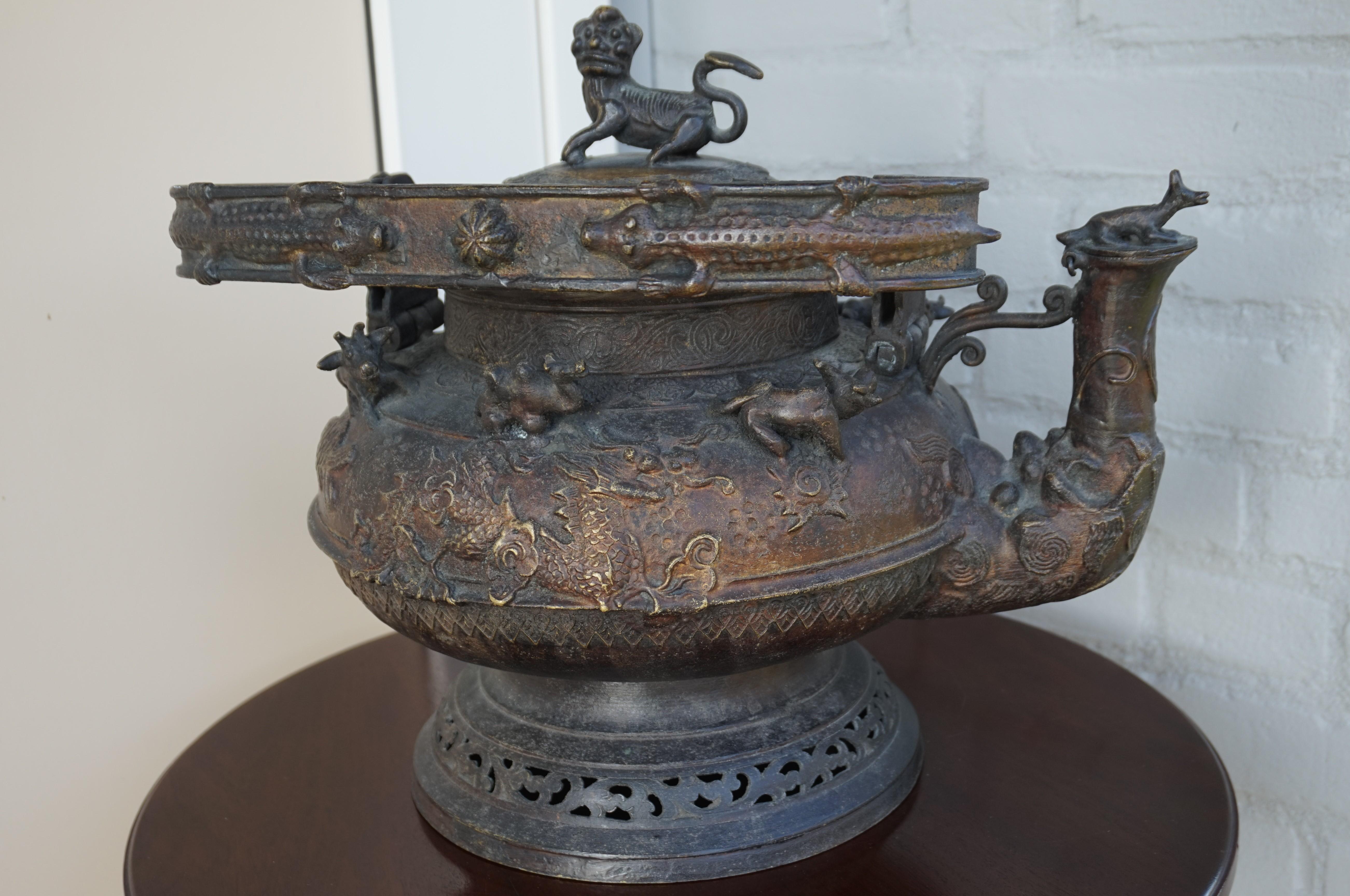 20th Century Antique and Largest Ever Malay Brunei Ritual Bronze Kettle w. Animal Sculptures For Sale