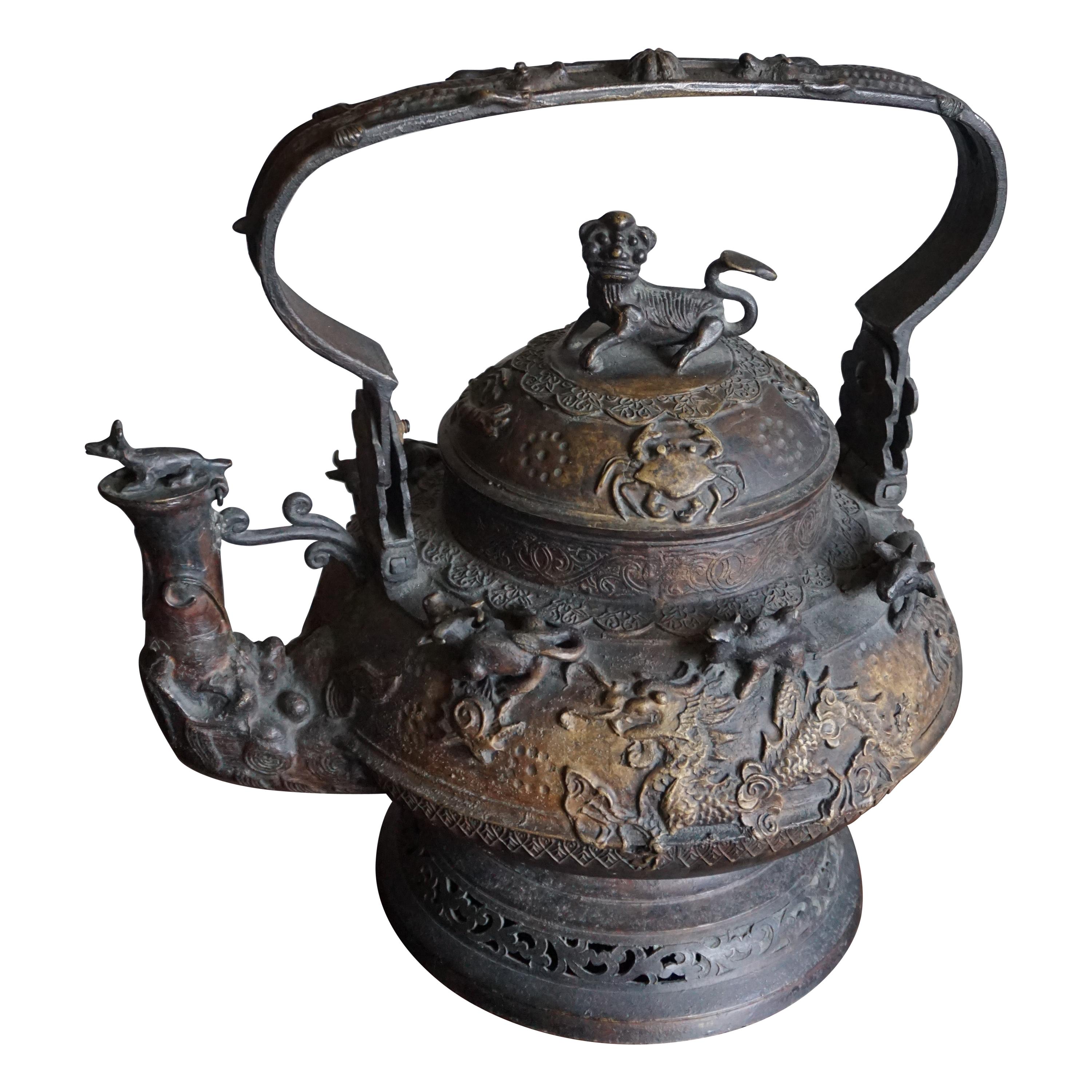 Antique and Largest Ever Malay Brunei Ritual Bronze Kettle w. Animal Sculptures For Sale