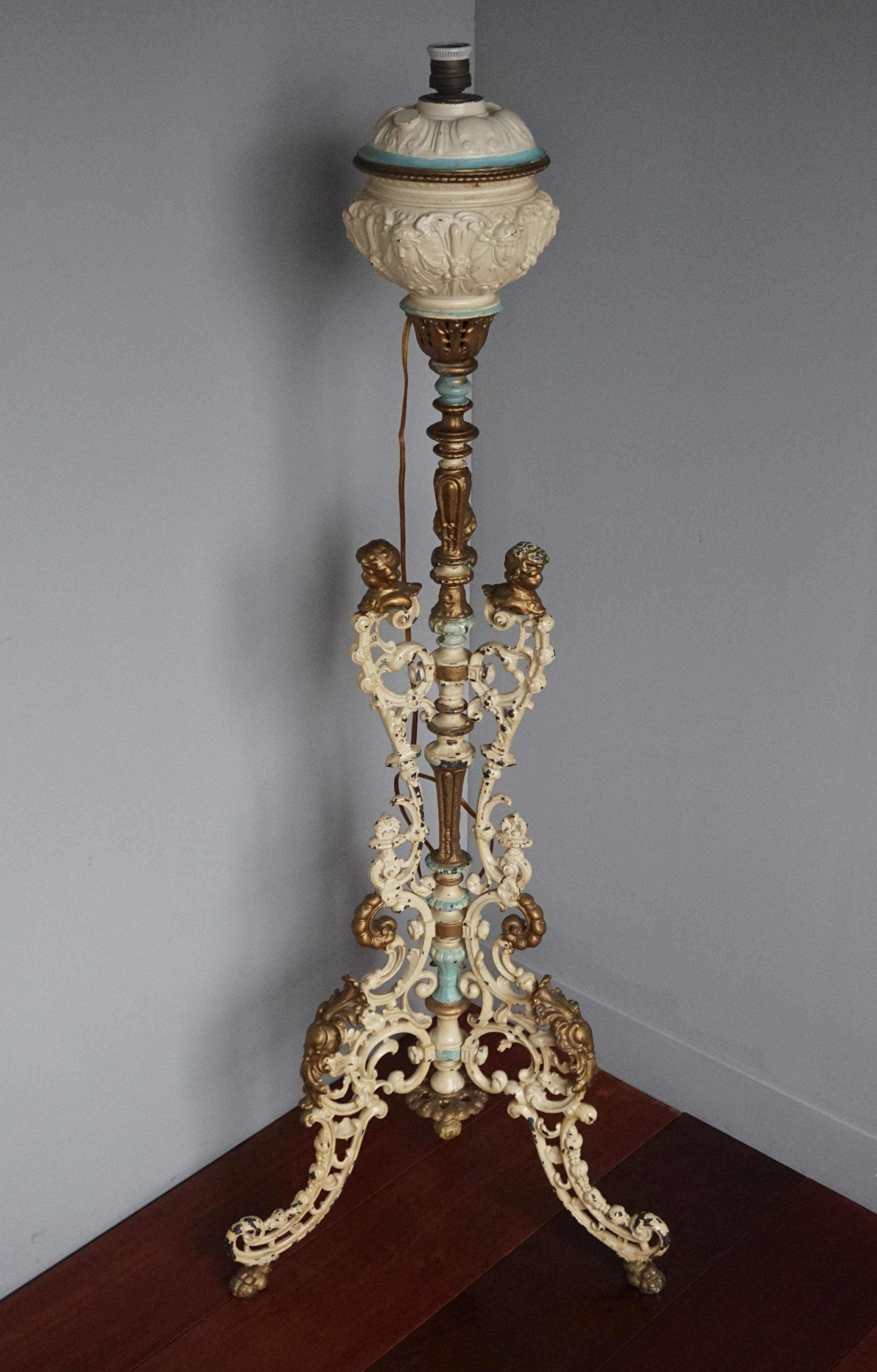 Antique and Painted Cast Iron Baroque Revival Floor Lamp w. Putti Bust Sculpture For Sale 5