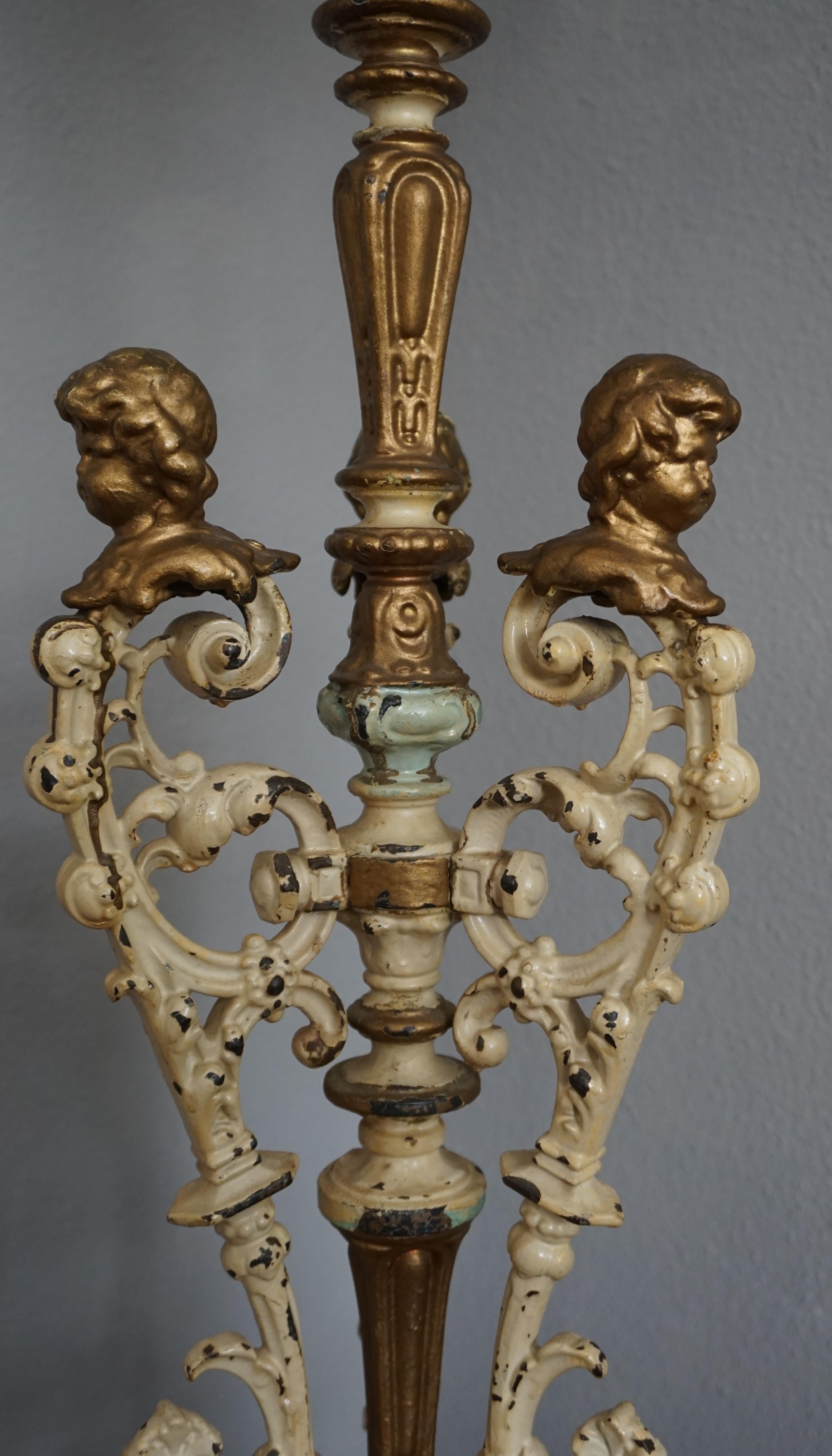 European Antique and Painted Cast Iron Baroque Revival Floor Lamp w. Putti Bust Sculpture For Sale