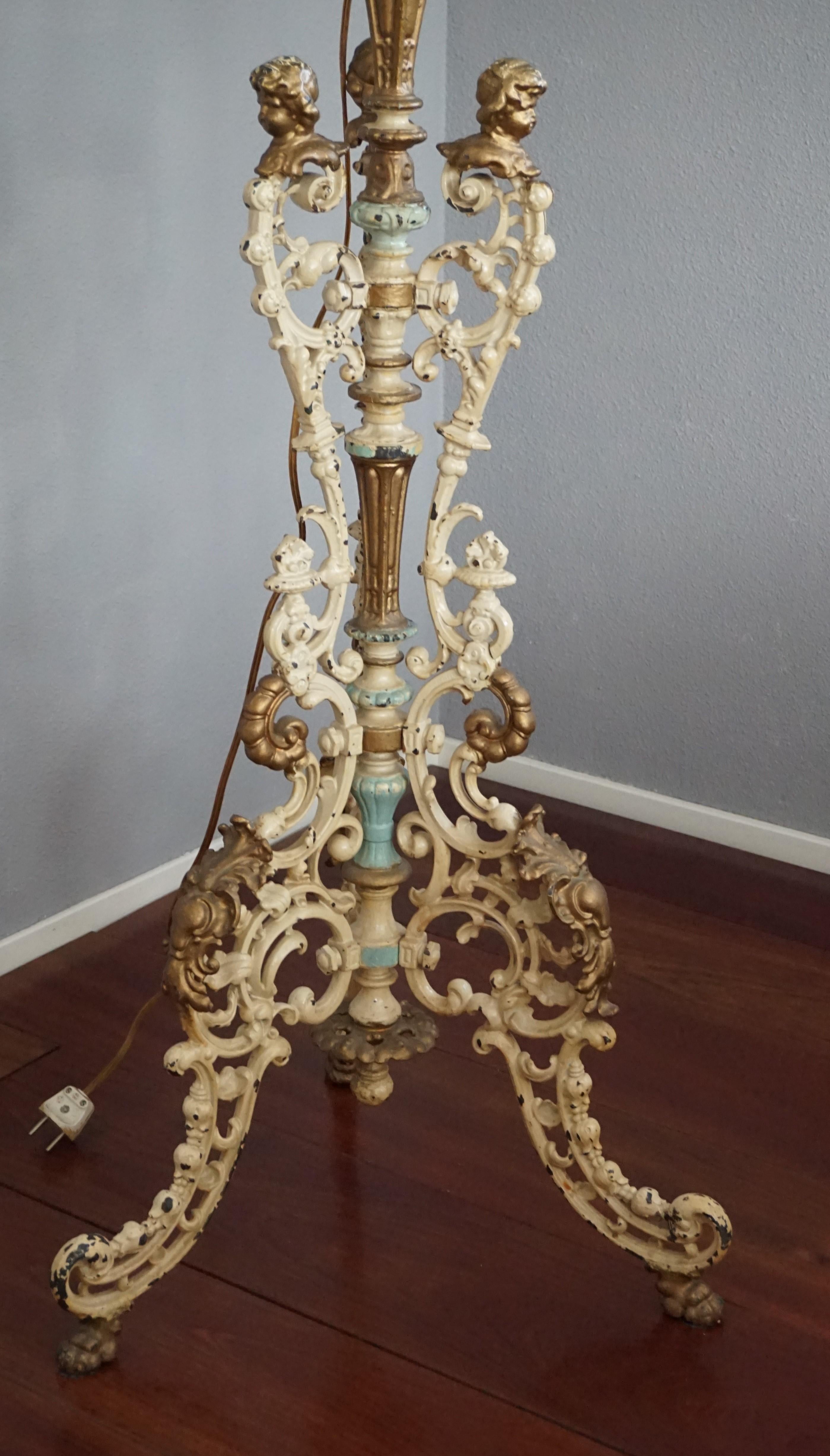 Brass Antique and Painted Cast Iron Baroque Revival Floor Lamp w. Putti Bust Sculpture For Sale