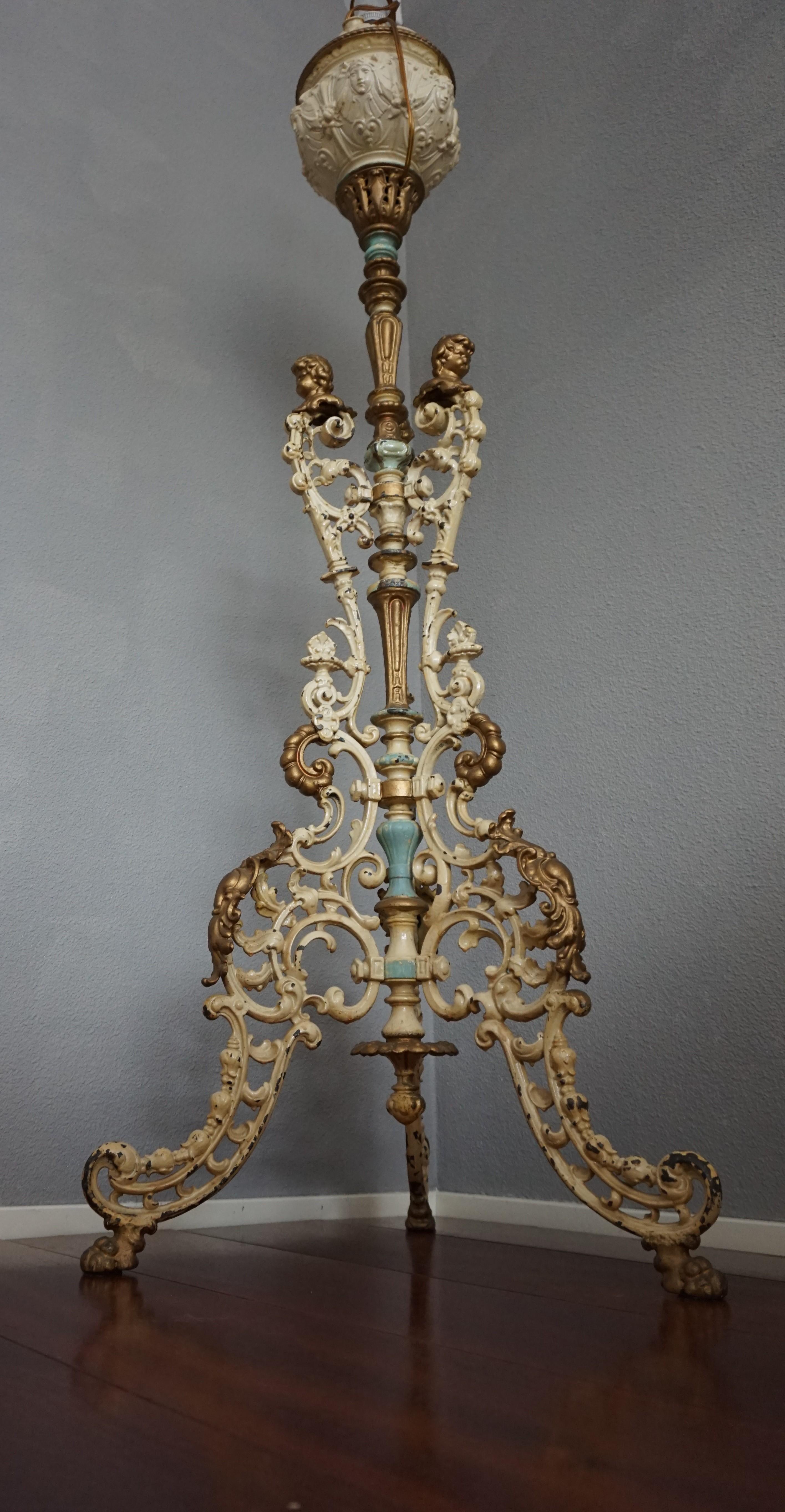 Antique and Painted Cast Iron Baroque Revival Floor Lamp w. Putti Bust Sculpture For Sale 1