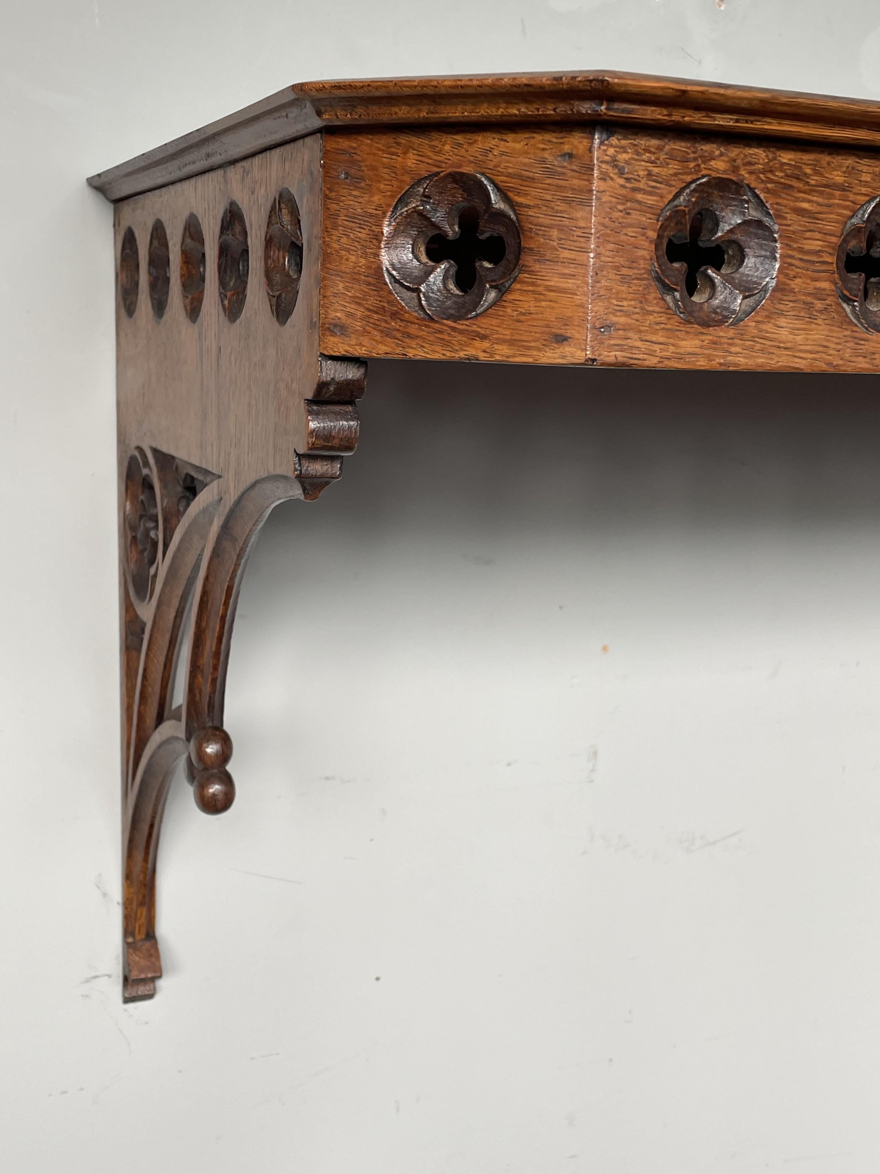 Hand-Carved Antique and Quality Hand Carved Oak Gothic Church Wall Bracket or Shelf / Table For Sale