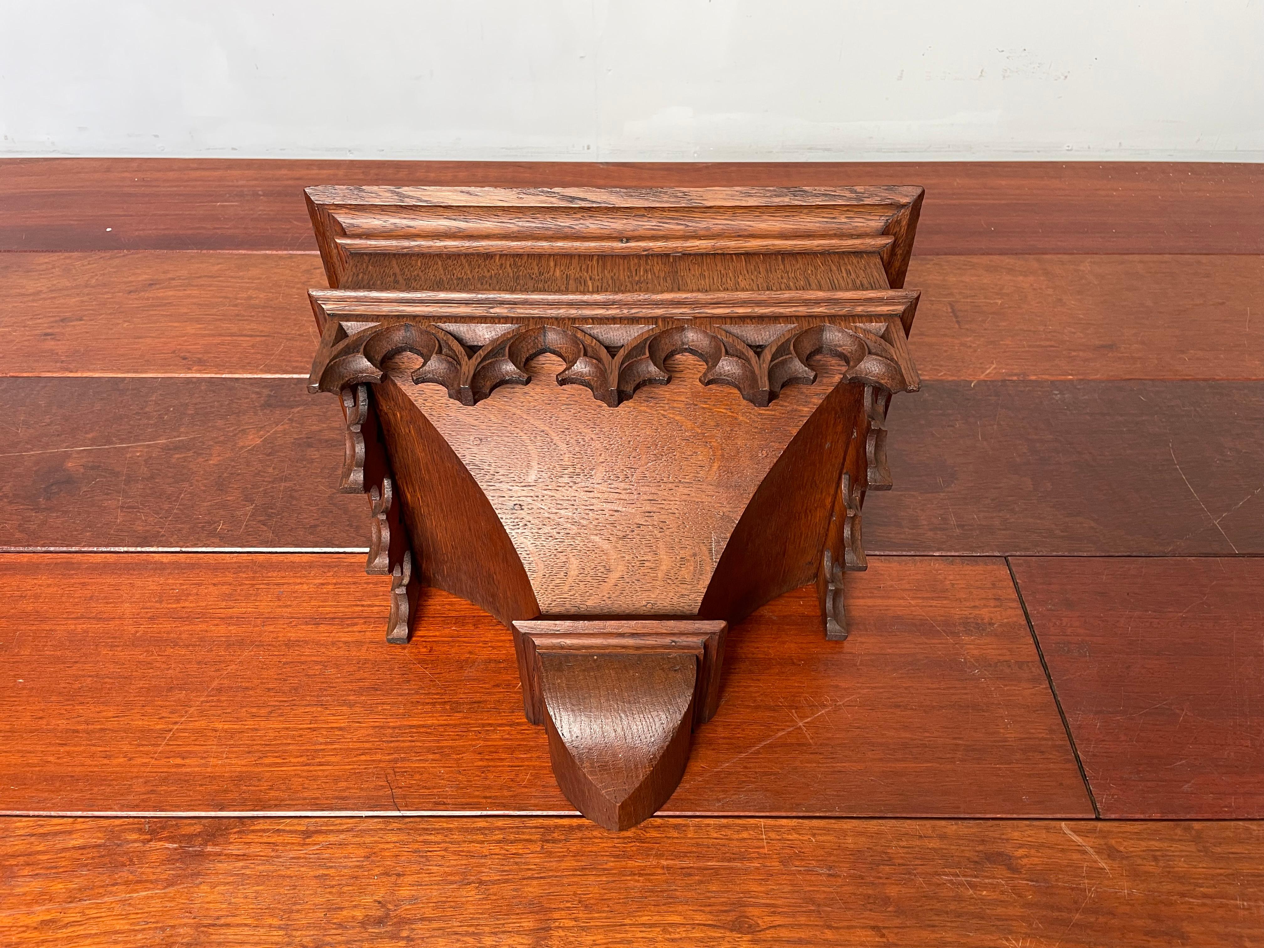 Antique and Quality Hand Carved Solid Oak Gothic Church Wall Bracket or Shelf For Sale 2