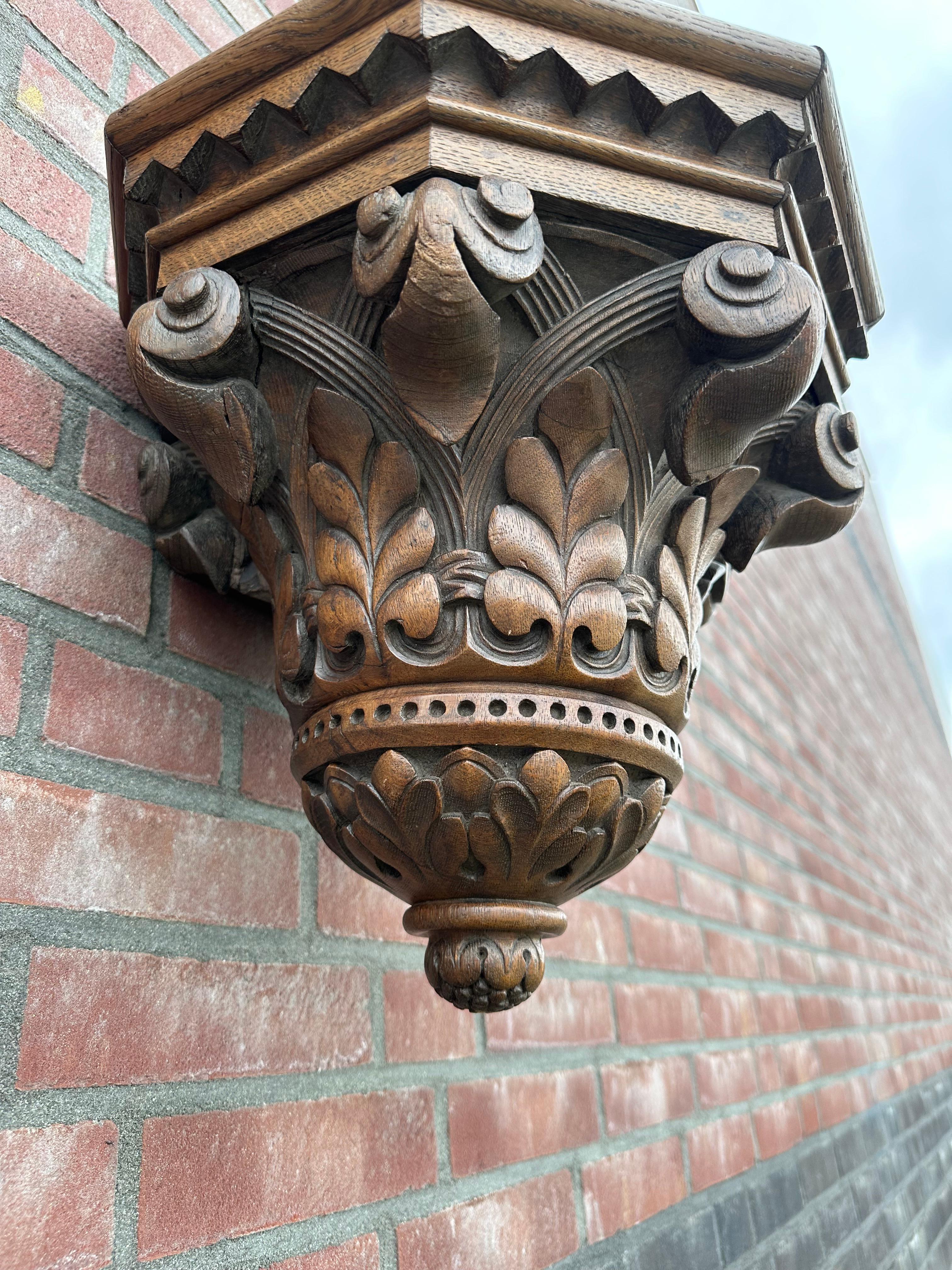 Antique and Quality Hand Carved Solid Oak Gothic Church Wall Bracket or Shelf For Sale 4