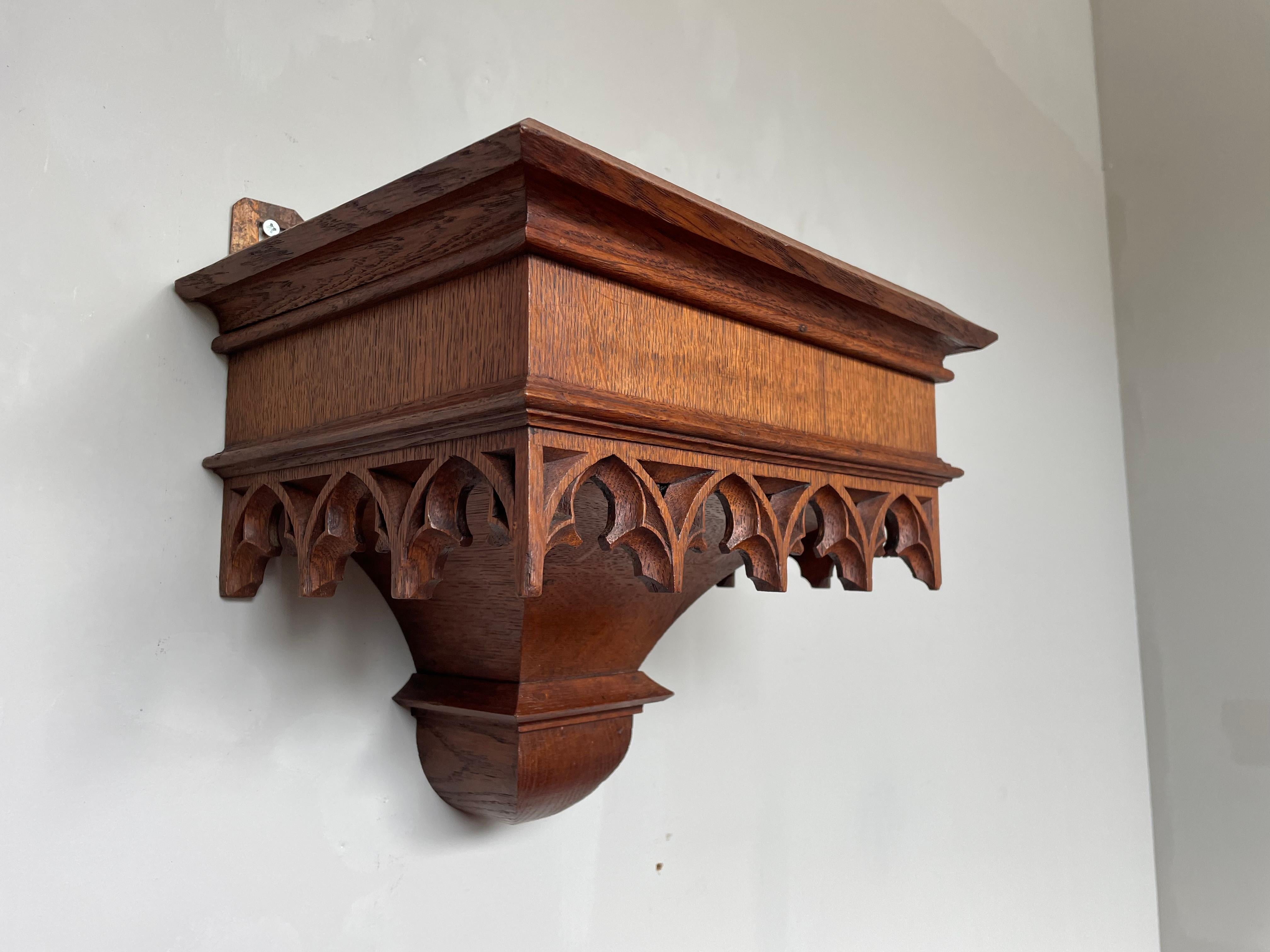 Antique and Quality Hand Carved Solid Oak Gothic Church Wall Bracket or Shelf For Sale 3