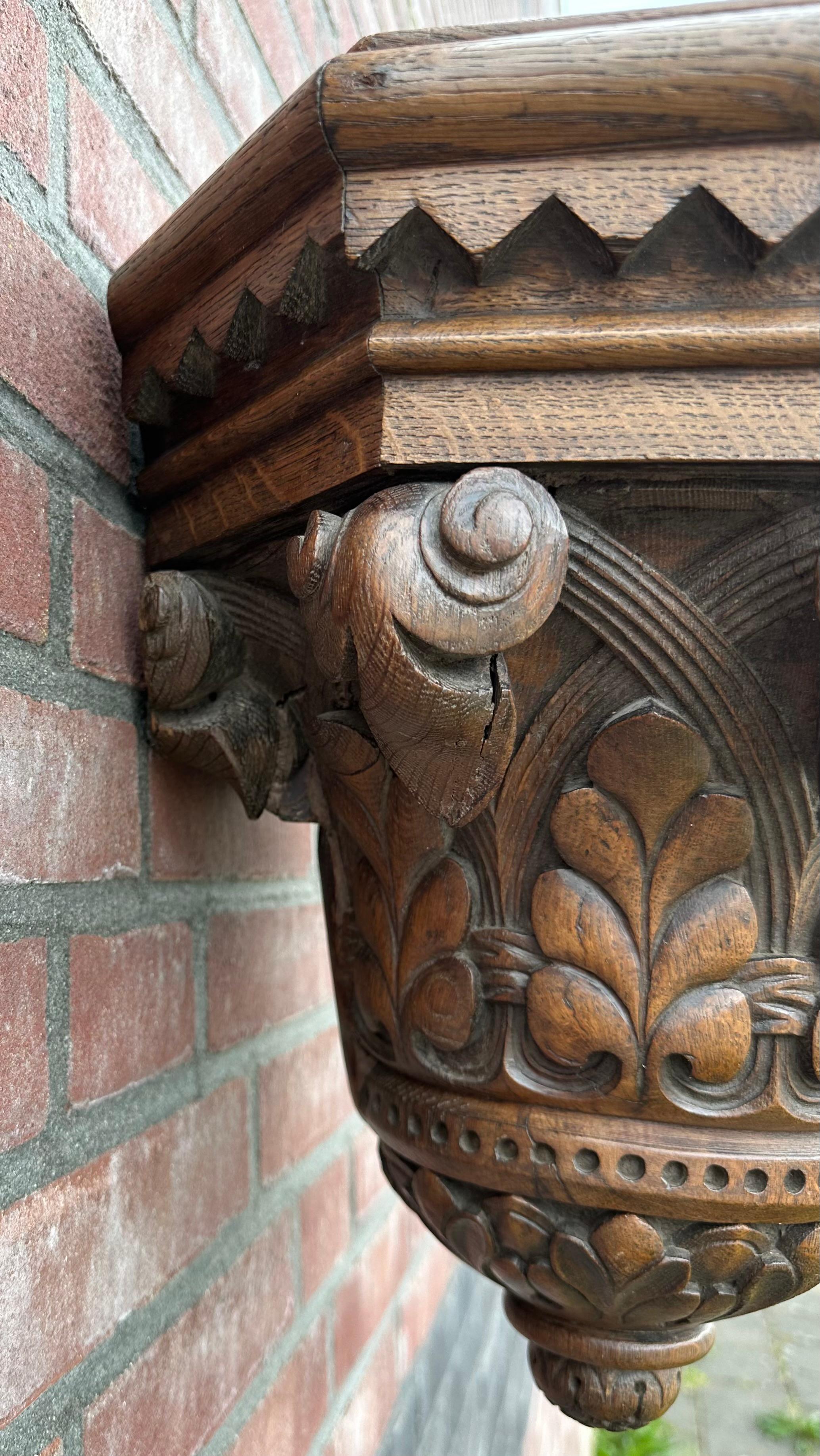 Antique and Quality Hand Carved Solid Oak Gothic Church Wall Bracket or Shelf For Sale 5