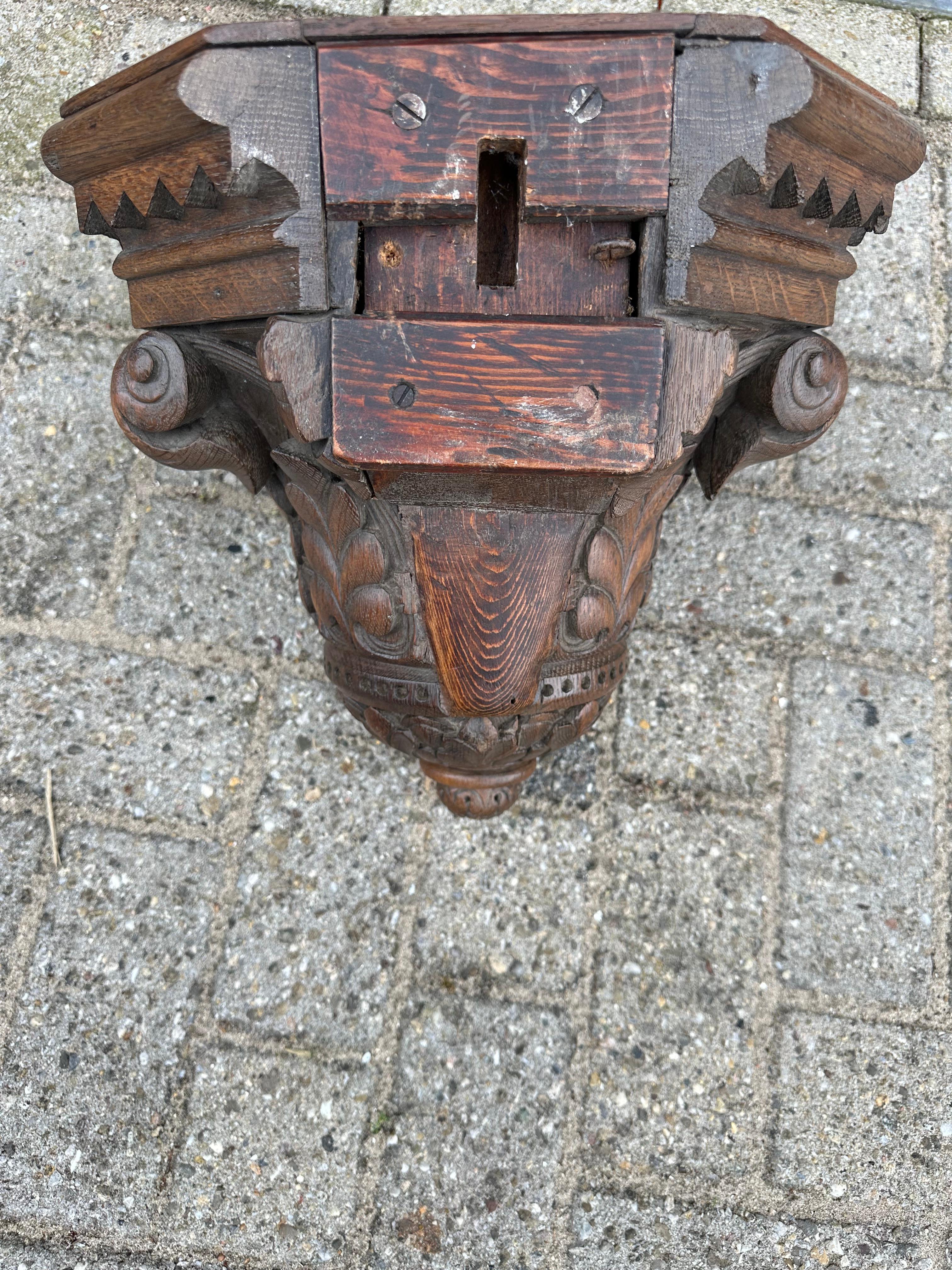 Antique and Quality Hand Carved Solid Oak Gothic Church Wall Bracket or Shelf For Sale 10