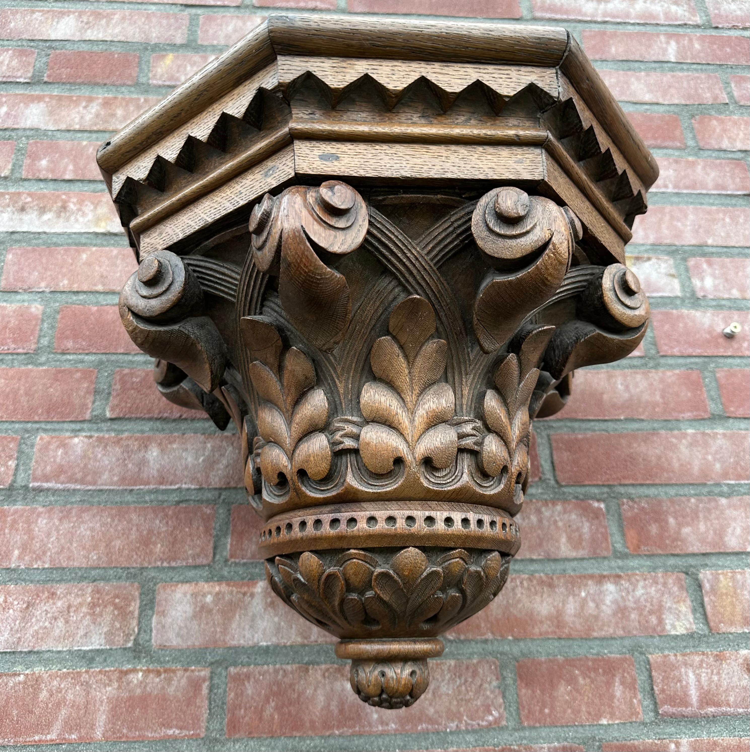 Gothic Revival Antique and Quality Hand Carved Solid Oak Gothic Church Wall Bracket or Shelf For Sale