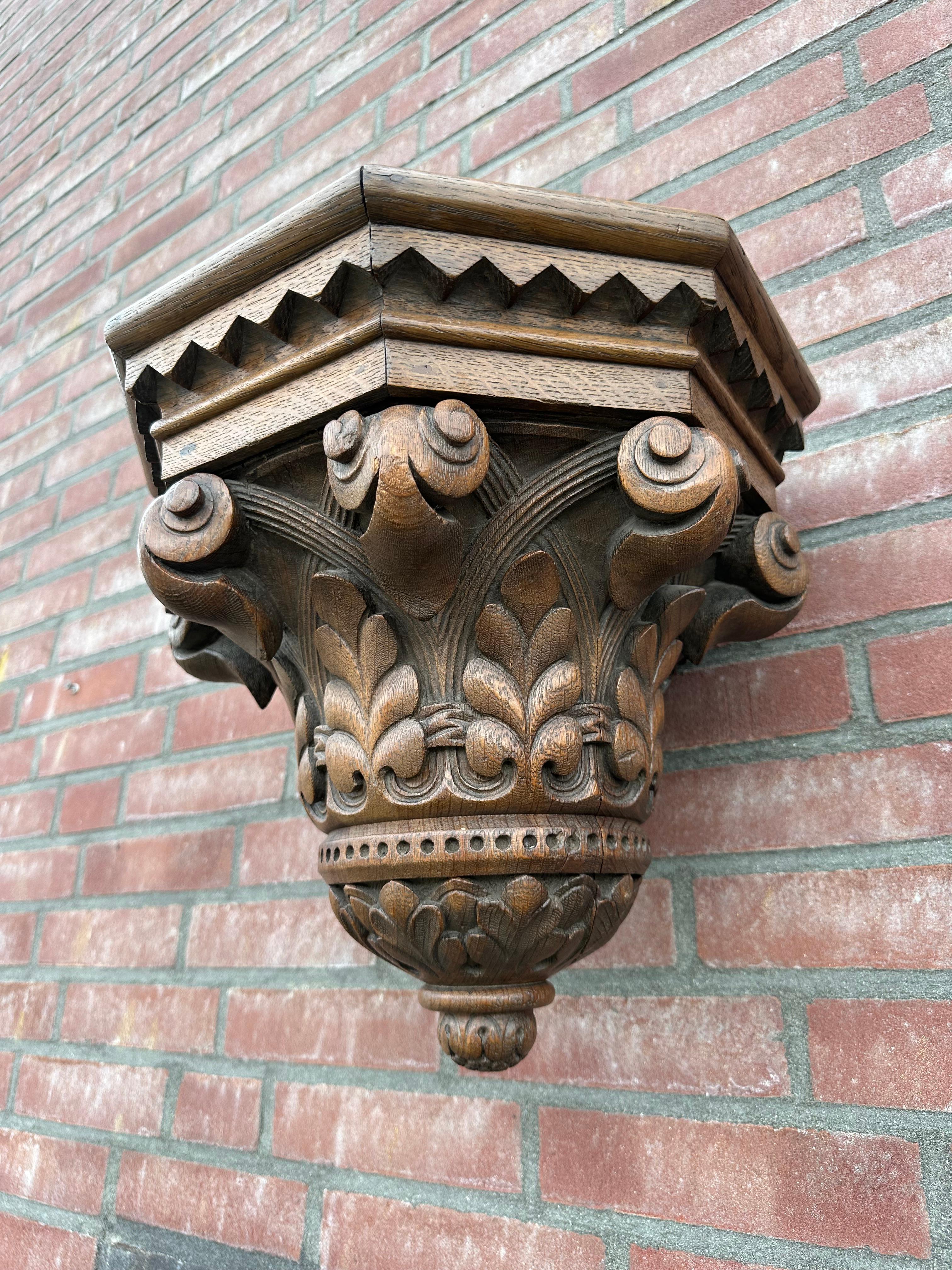 European Antique and Quality Hand Carved Solid Oak Gothic Church Wall Bracket or Shelf For Sale