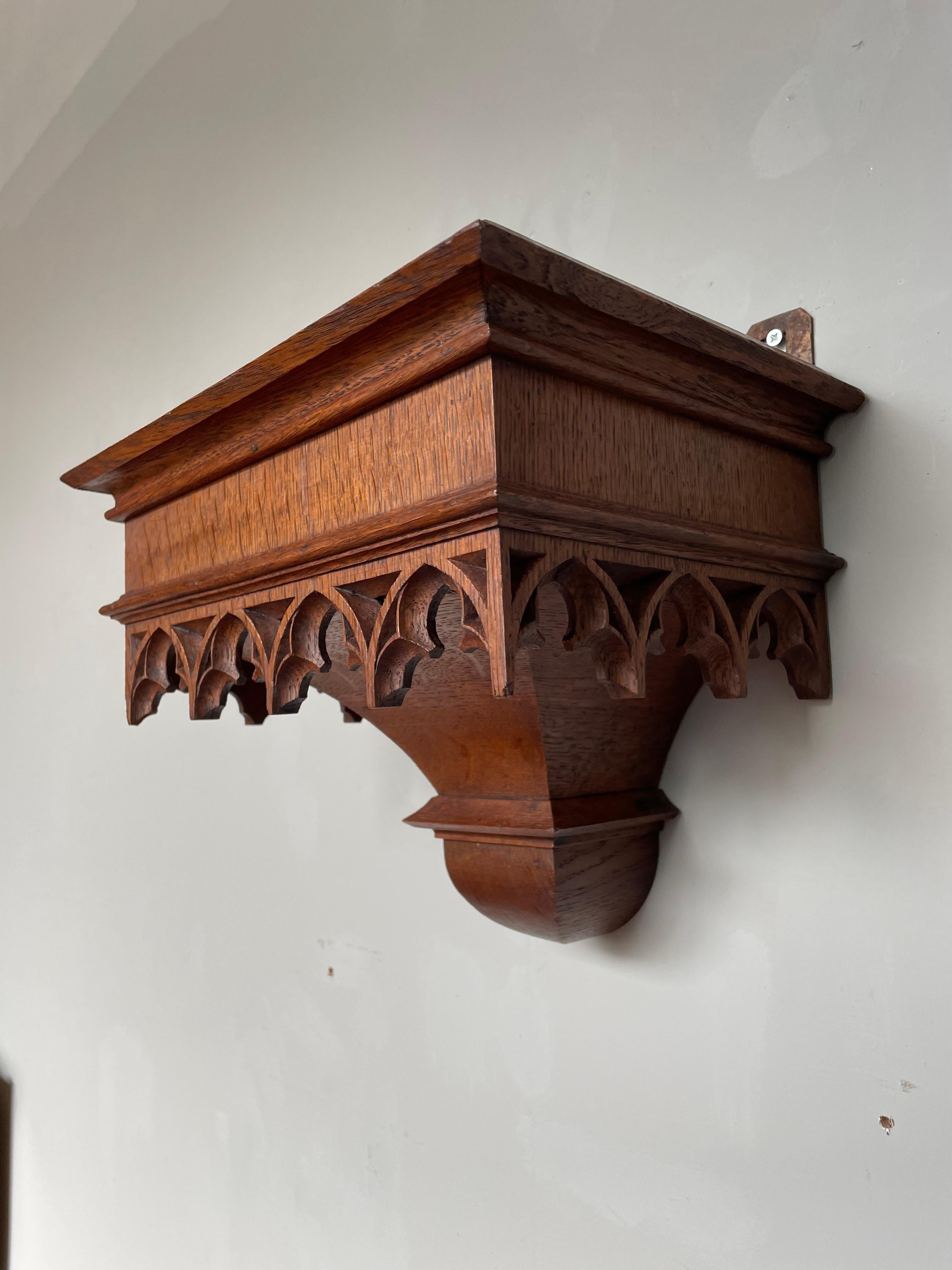 Gothic Revival Antique and Quality Hand Carved Solid Oak Gothic Church Wall Bracket or Shelf For Sale
