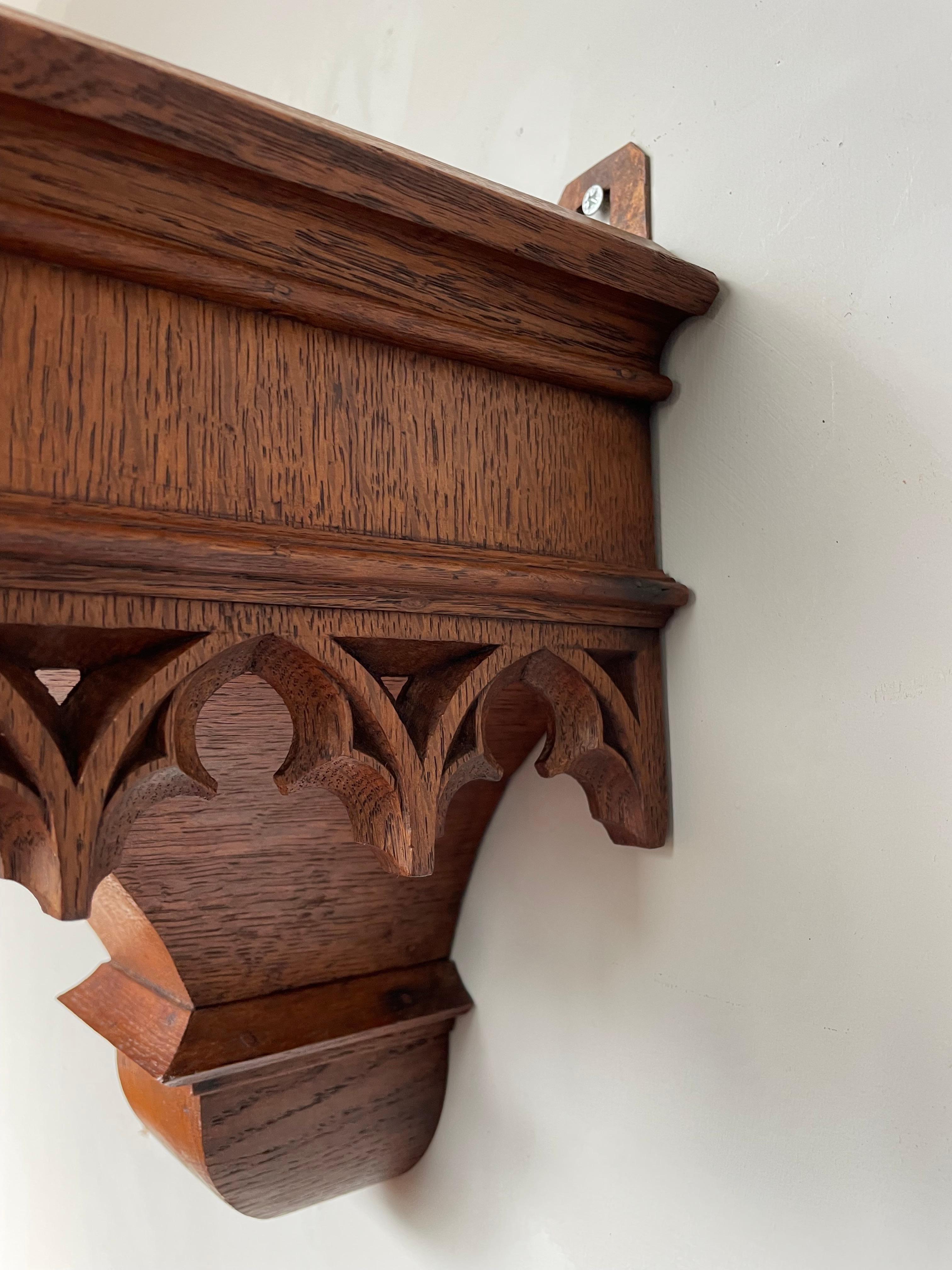 European Antique and Quality Hand Carved Solid Oak Gothic Church Wall Bracket or Shelf For Sale
