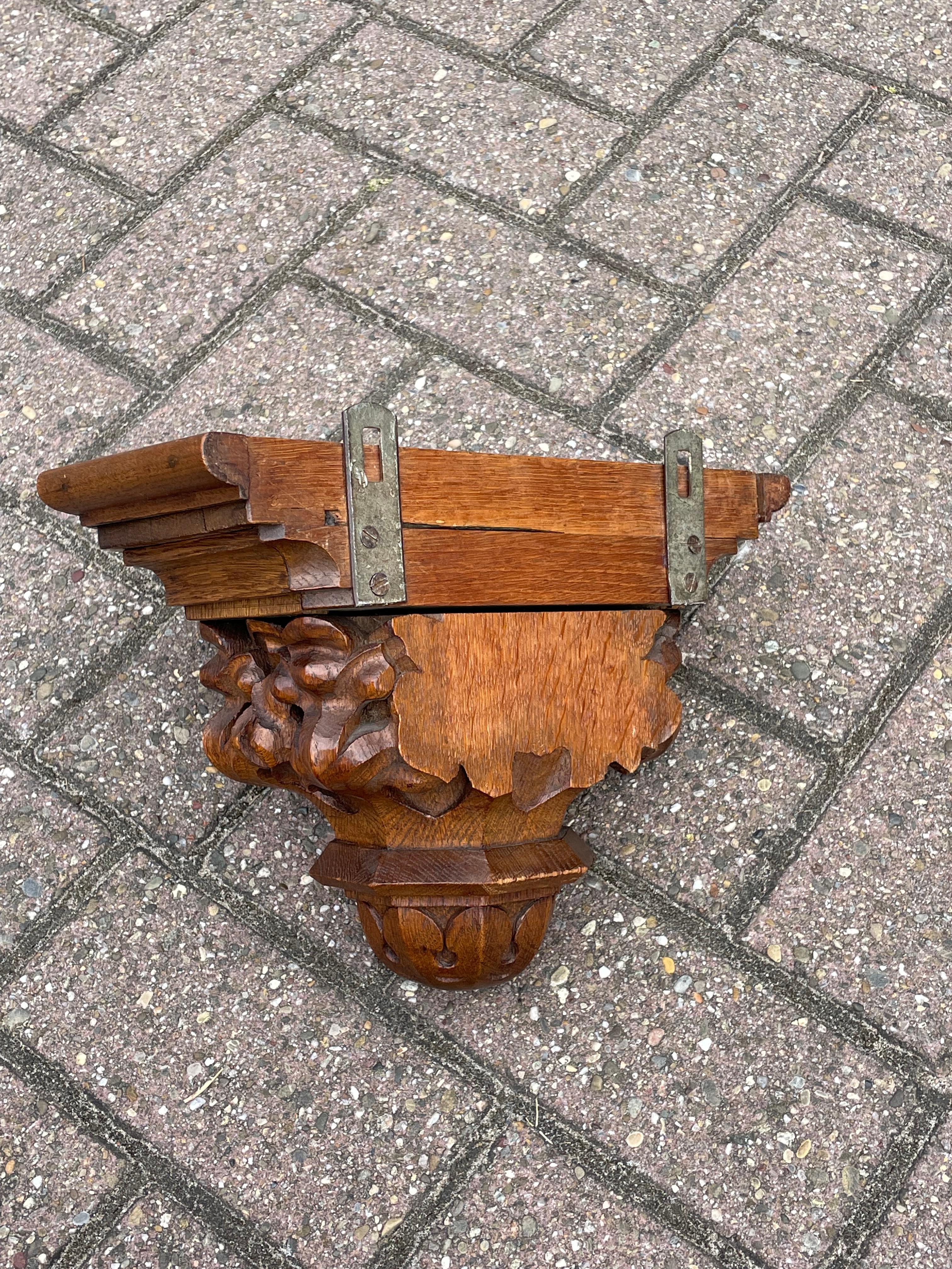Hand-Crafted Antique and Quality Hand Carved Solid Oak Gothic Church Wall Bracket or Shelf