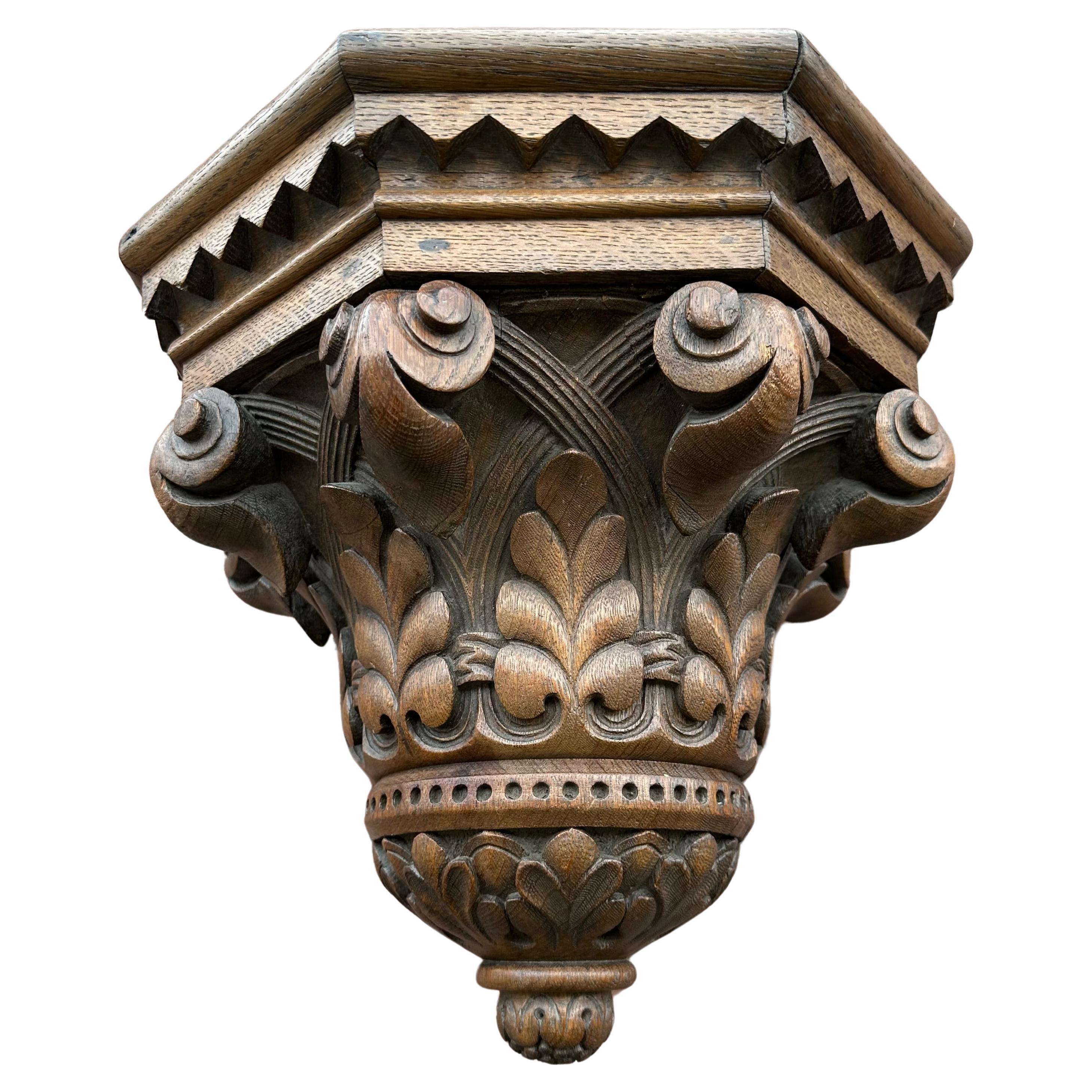 Antique and Quality Hand Carved Solid Oak Gothic Church Wall Bracket or Shelf For Sale