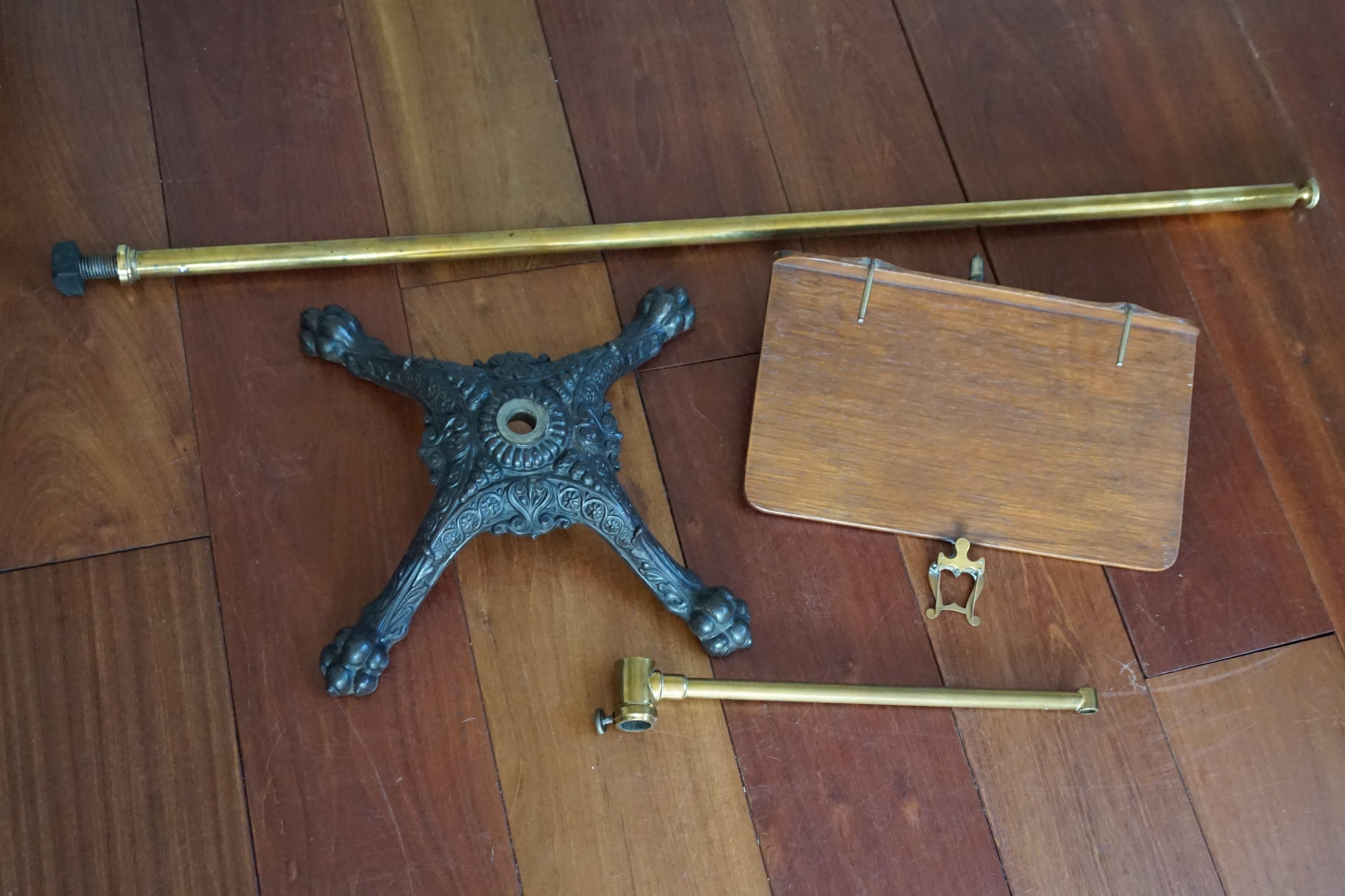 Antique and Rare Cast Iron, Brass & Oak, Fully Adjustable Victorian Music Stand 9