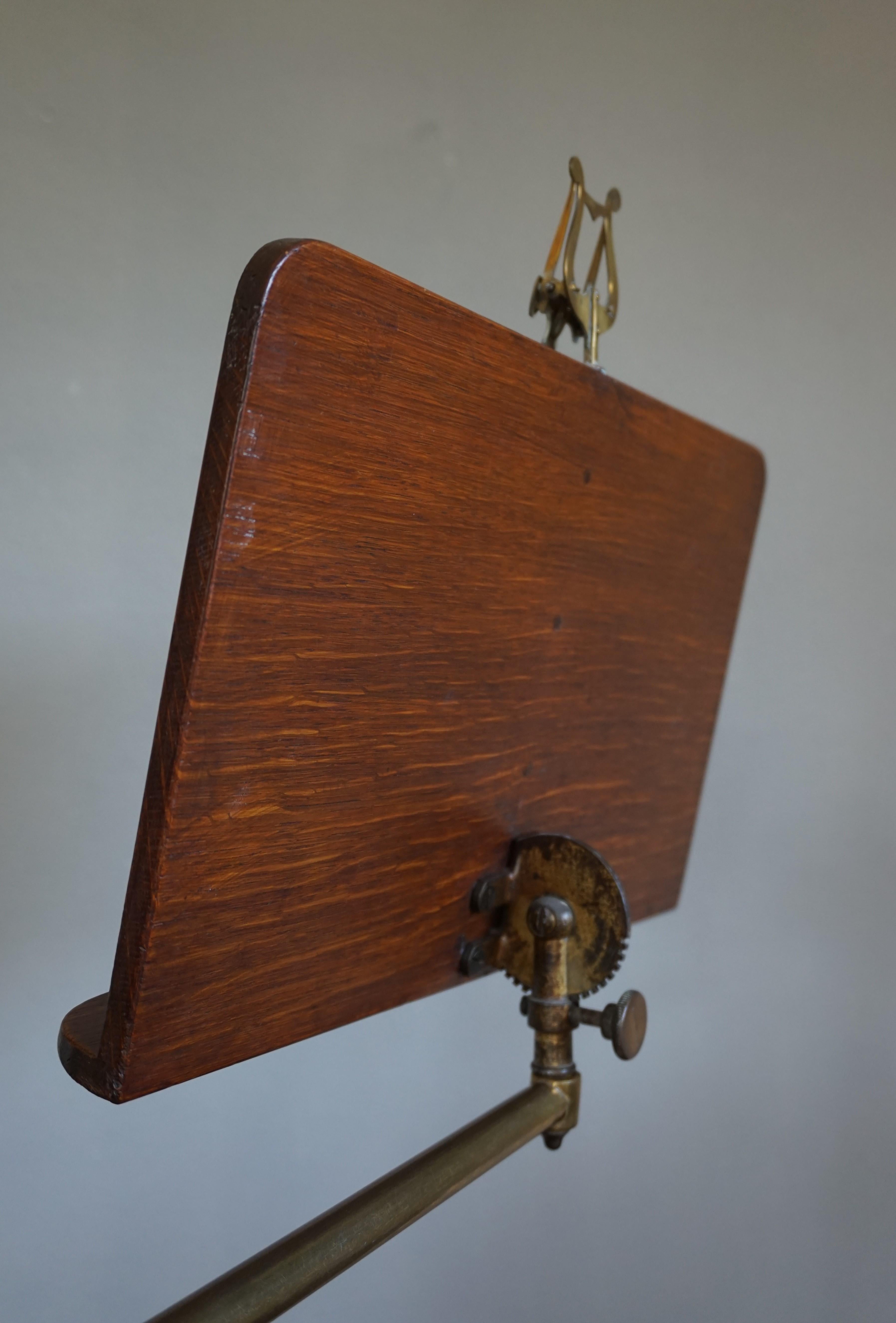 English Antique and Rare Cast Iron, Brass & Oak, Fully Adjustable Victorian Music Stand